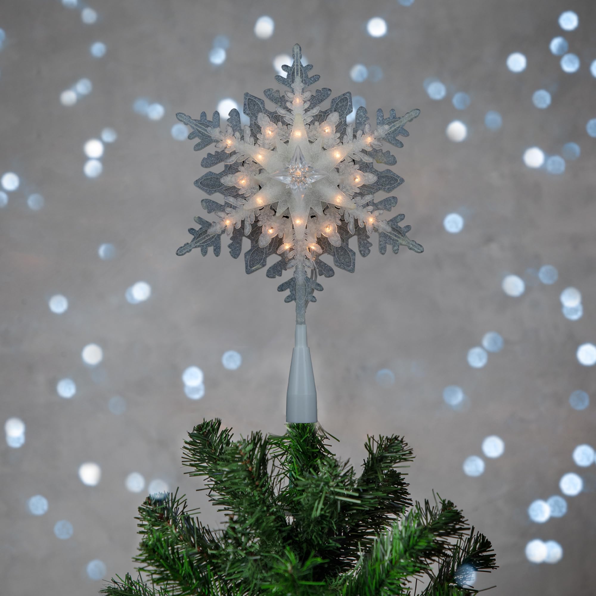 10 Lighted White Frosted 3-D Snowflake Christmas Tree Topper - Clear Lights