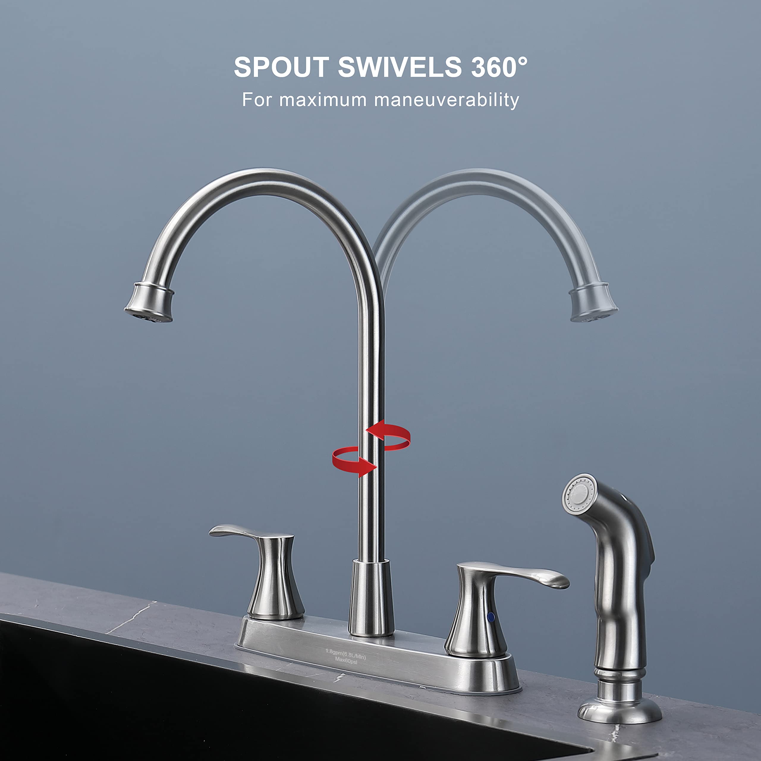 Kirlystone Kitchen Faucet With Side Sprayer, Brushed Nickel 2-Handle Faucet For 4 Holes Kitchen Sink
