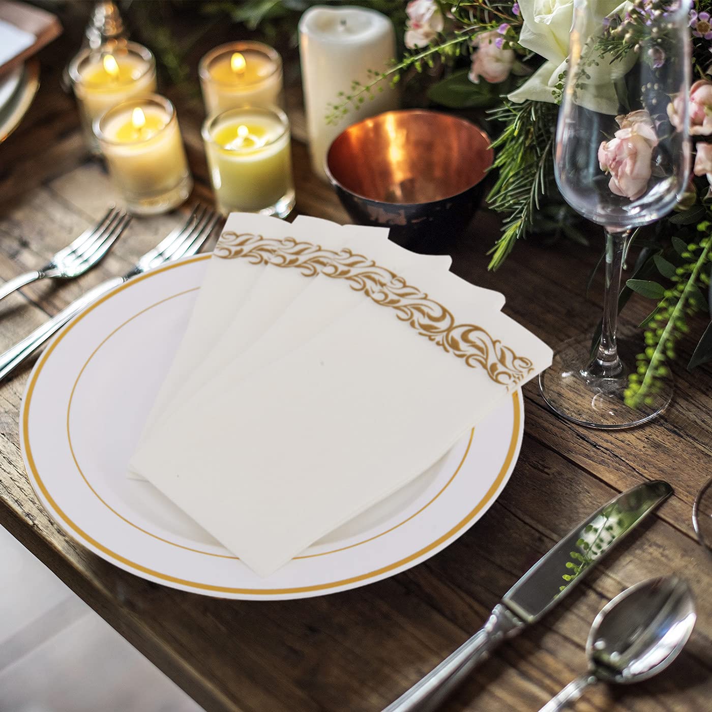 [200 Pack] Disposable Guest Towels Soft and Absorbent Paper Hand Towels Durable Decorative Bathroom Hand Napkins for Kitchen Parties Weddings Dinners or Events White and Gold