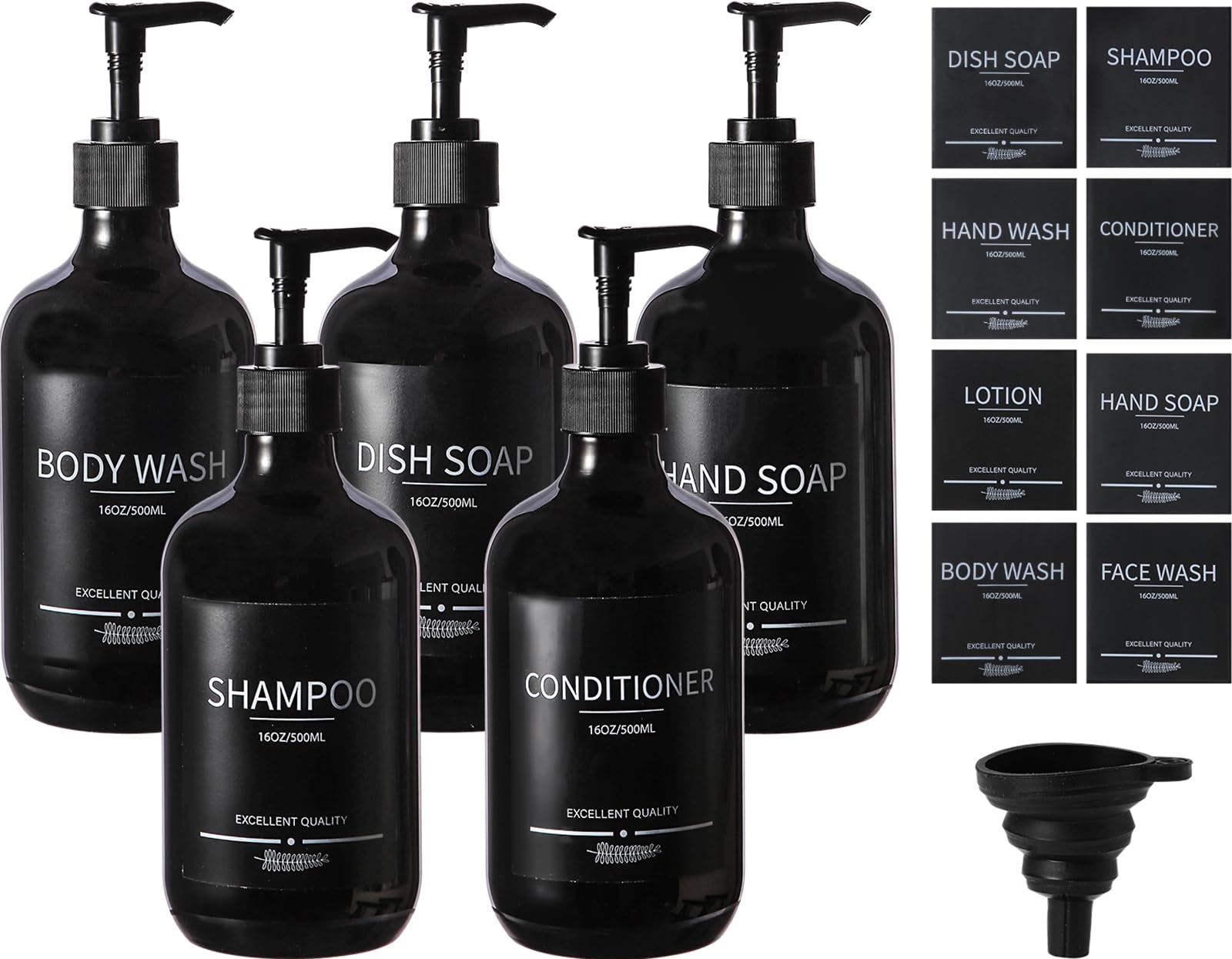 Mithrgrous (5Pack) Black Shower Bottles Refillable With Labels, 16.9Oz Reusable Shampoo And Conditioner Bottles,Shampoo Dispense