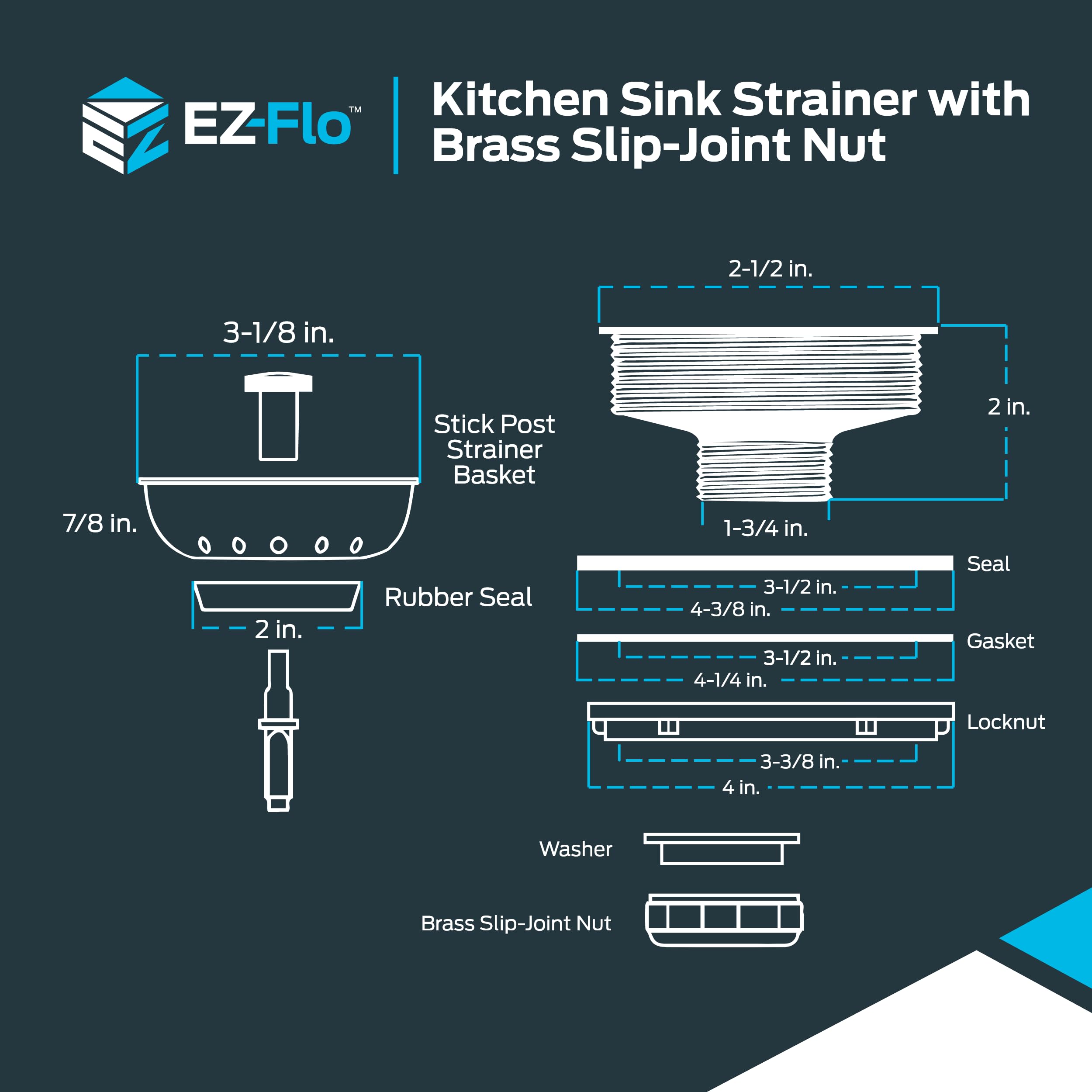 EZ-FLO Kitchen Sink Strainer with Flange and Brass Slip-Joint Nut  Stainless Steel Fixed-Post Basket with 3-1/2 Inch to 4 Inch Opening  30003