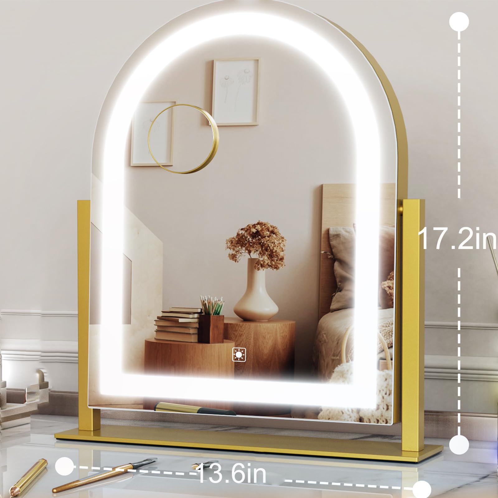 Gvnkvn 17.2" Arched LED Makeup Vanity Mirror with Lights, Gold, 5X Magnification, 360° Rotation, Smart Touch