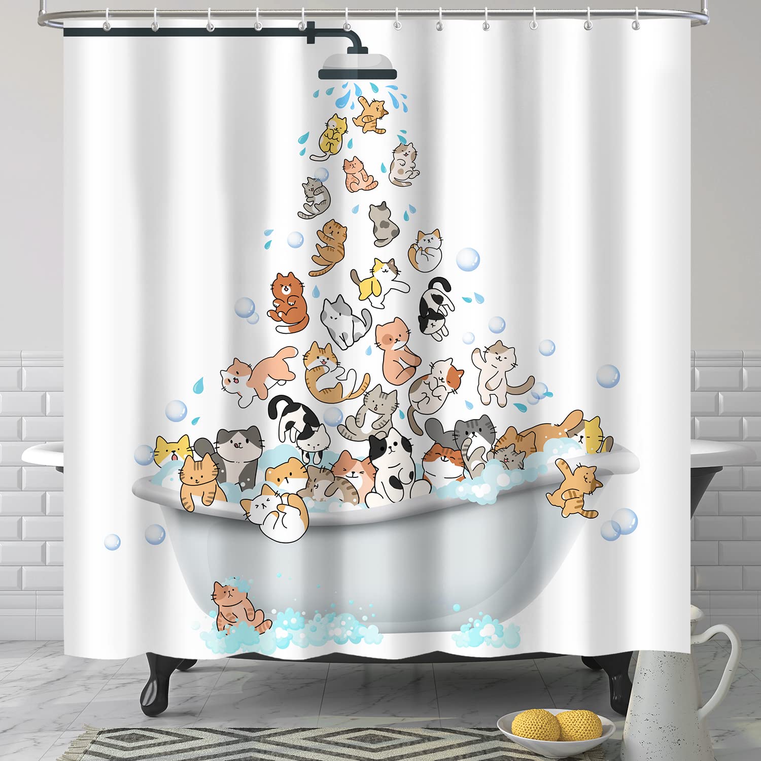 Lokigo Funny Cat Shower Curtain Cute Cartoon Kids Shower Curtain 72Wx72H White Shower Curtains For Bathroom Waterproof Polyester