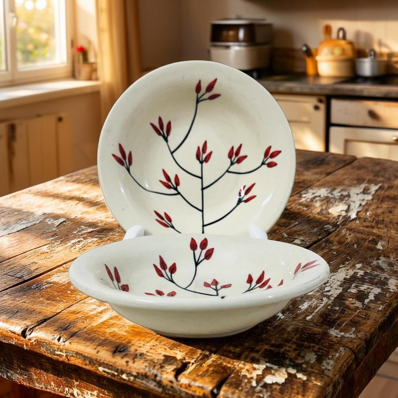 Lupaava Ceramic Pasta Plate | Soup Plate | Snack Plate | Size 7 Inch | Microwave Safe, Oven Safe (2, Red 01)