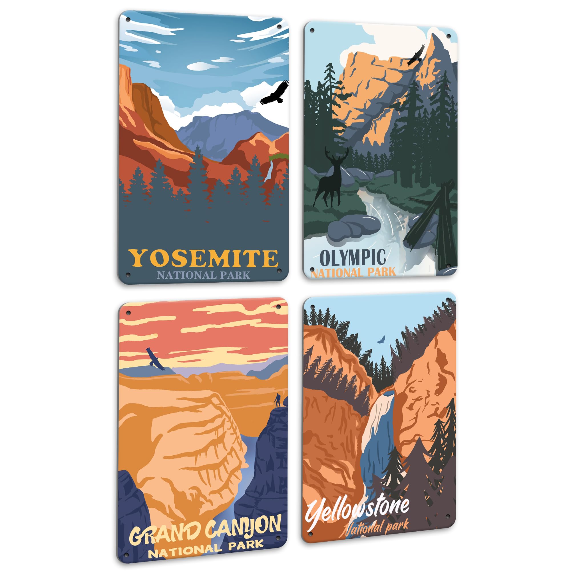 PHOPAGO 4pcs Vintage National Park Wall Sign Decor Nature Mountain Landsacpe Metal Sign 12x8 Inch Bedroom Living Room Office Wal