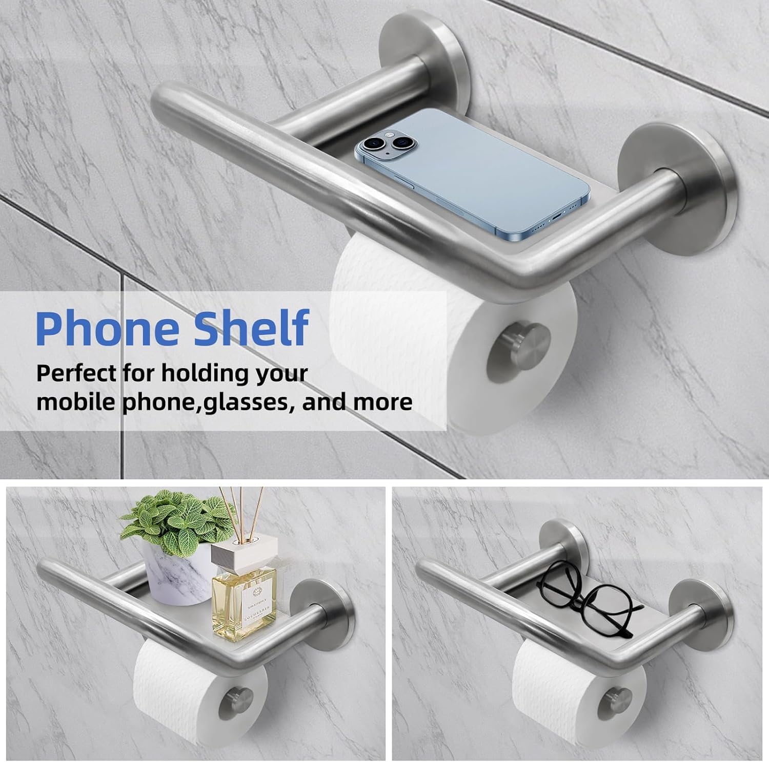 Upgrade Grab Bar Toilet Paper Holder, 3-In-1 Bathroom Grab Bar With Toilet Holder And Phone Shelf, 304 Stainless Steel Safety To