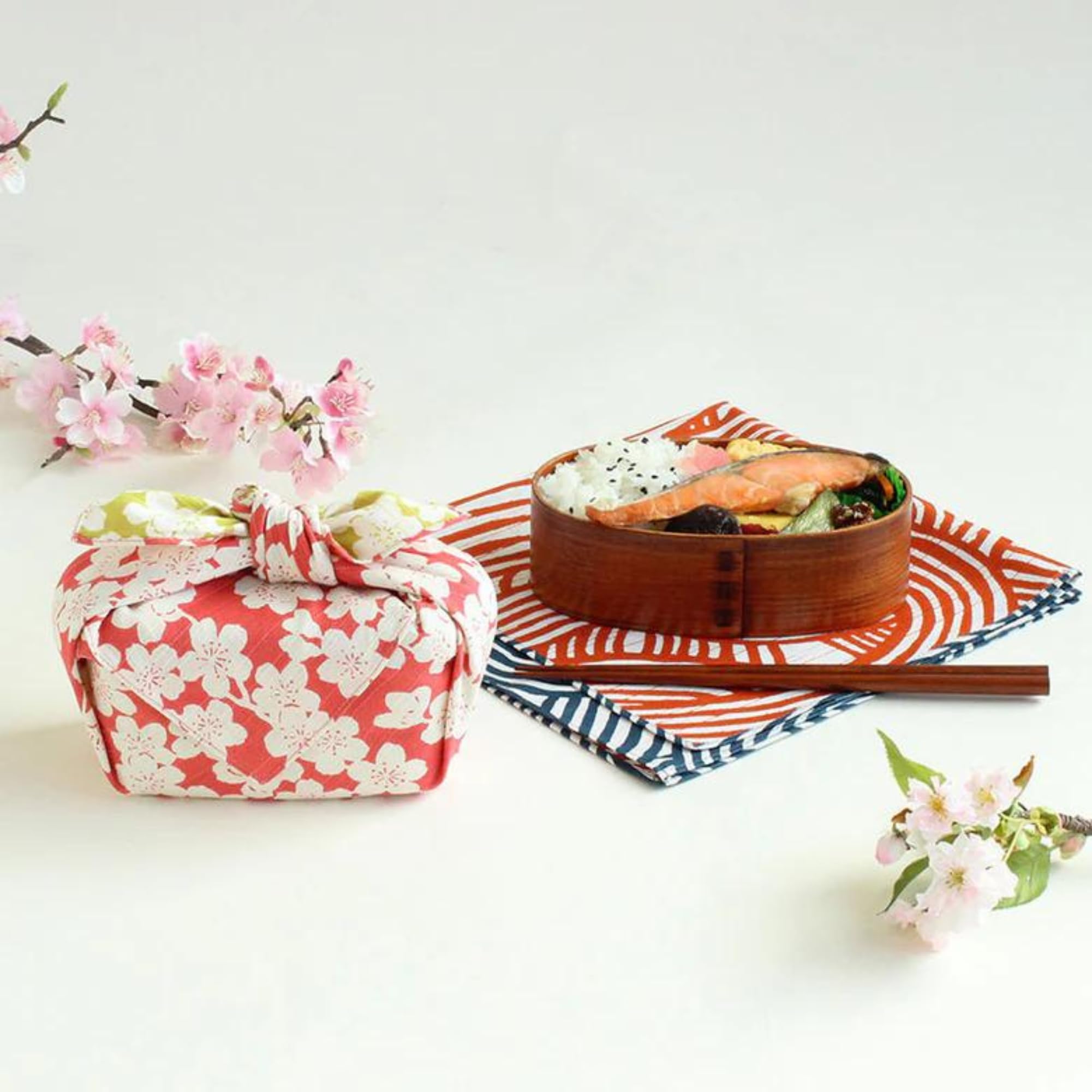Japanese Reversible Furoshiki - Traditional Wrapping Cloth - 100% Cotton - 18.9 X 18.9 In - Weeping Cherry Tree - Pink And Green