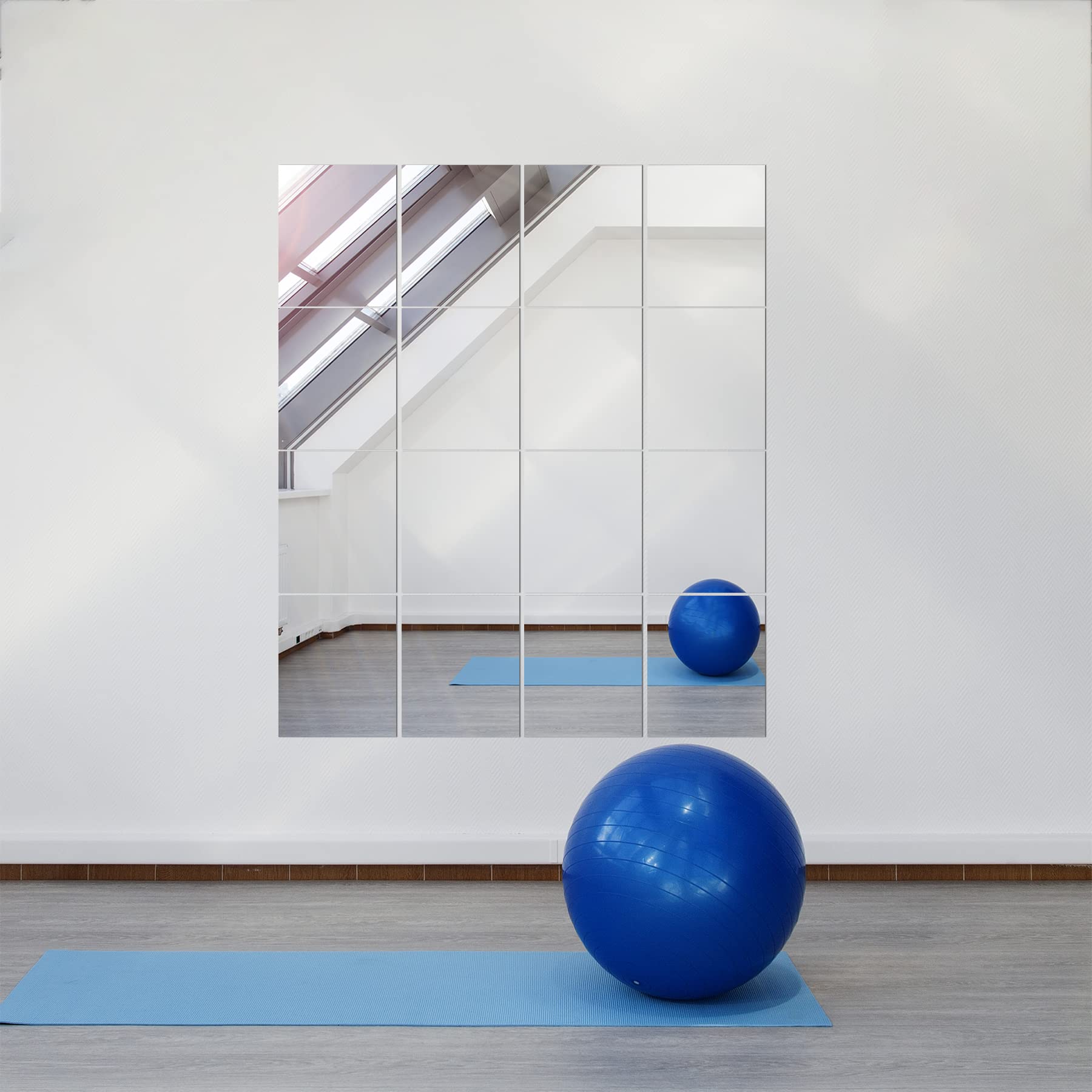 Delma Home Mirror Tiles  14'' x 12'' Glass Frameless (16 PCS)  Large Wall for Gym Bedroom Door Bathroom (Glass - 16PCS)