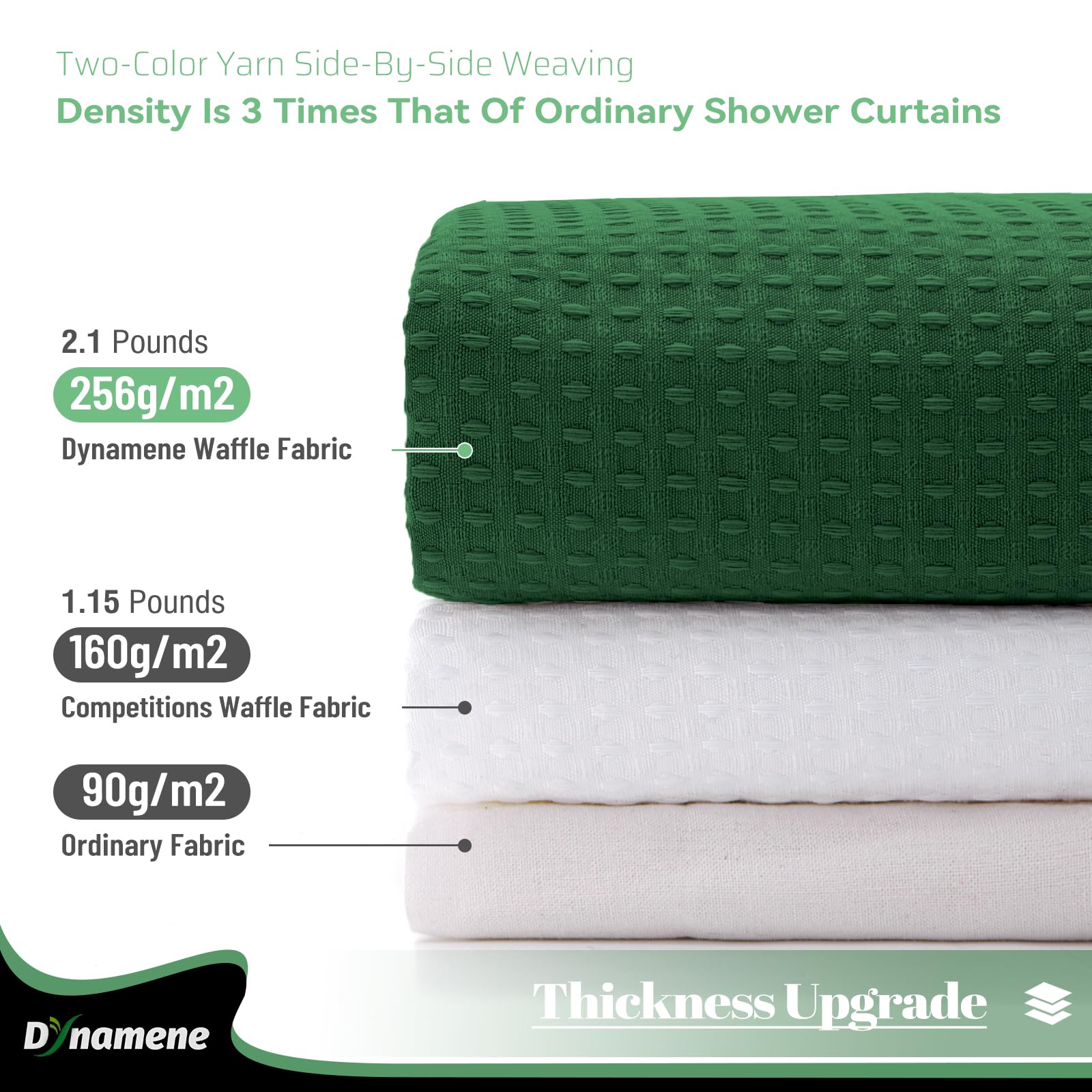 Dynamene Dark Green Fabric Shower Curtain - Waffle Weave Textured Heavy Duty Cloth Shower Curtains For Bathroom, 256Gsm Hotel Lu