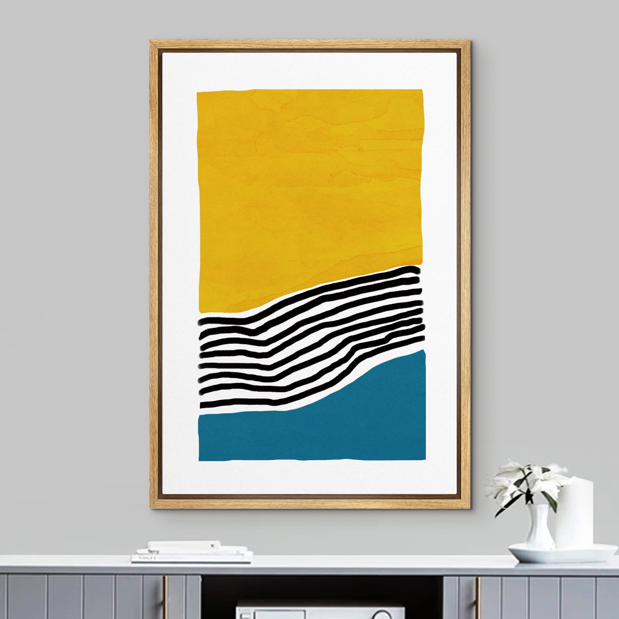 Idea4Wall Framed Canvas Print Wall Art Bisected Yellow & Blue Watercolor Block Shapes Patterns Illustrations Modern Art Mid-Cent