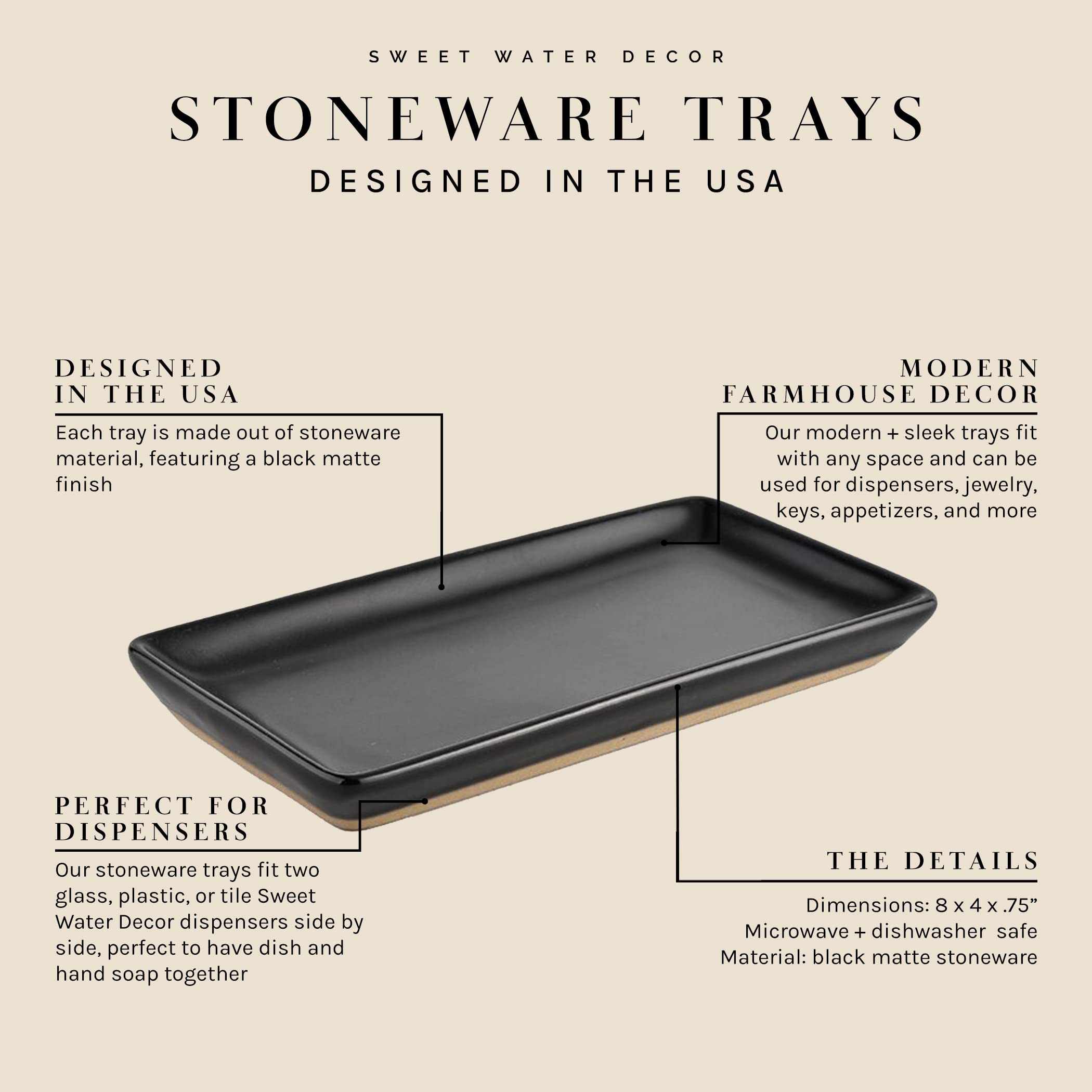 Sweet Water Decor Matte Black Stoneware Tray | Kitchen And Bathroom Dispenser Holder | Jewelry Dish | Glass Soap Holder For Bott