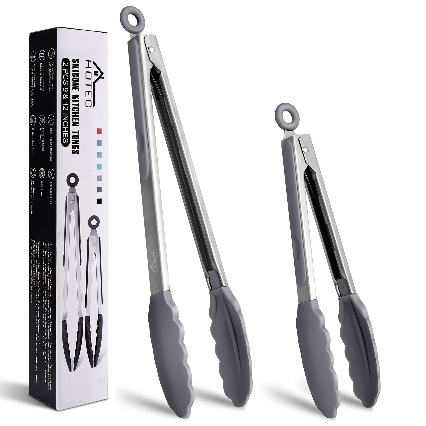 Hotec Premium Stainless Steel Locking Kitchen Tongs With Silicon Tips, Set Of 2-9 '' And 12 '' Light Grey