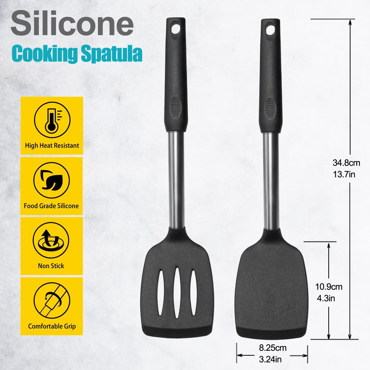 2 Pack Spatulas  Solid & Slotted Silicone Spatula Set  Stainless Steel Handle Coated with Silicone  Non Stick Turners  Heat Resistant BPA Free Rubber Spatulas for Fish  Eggs  Pancakes  WOK  Black