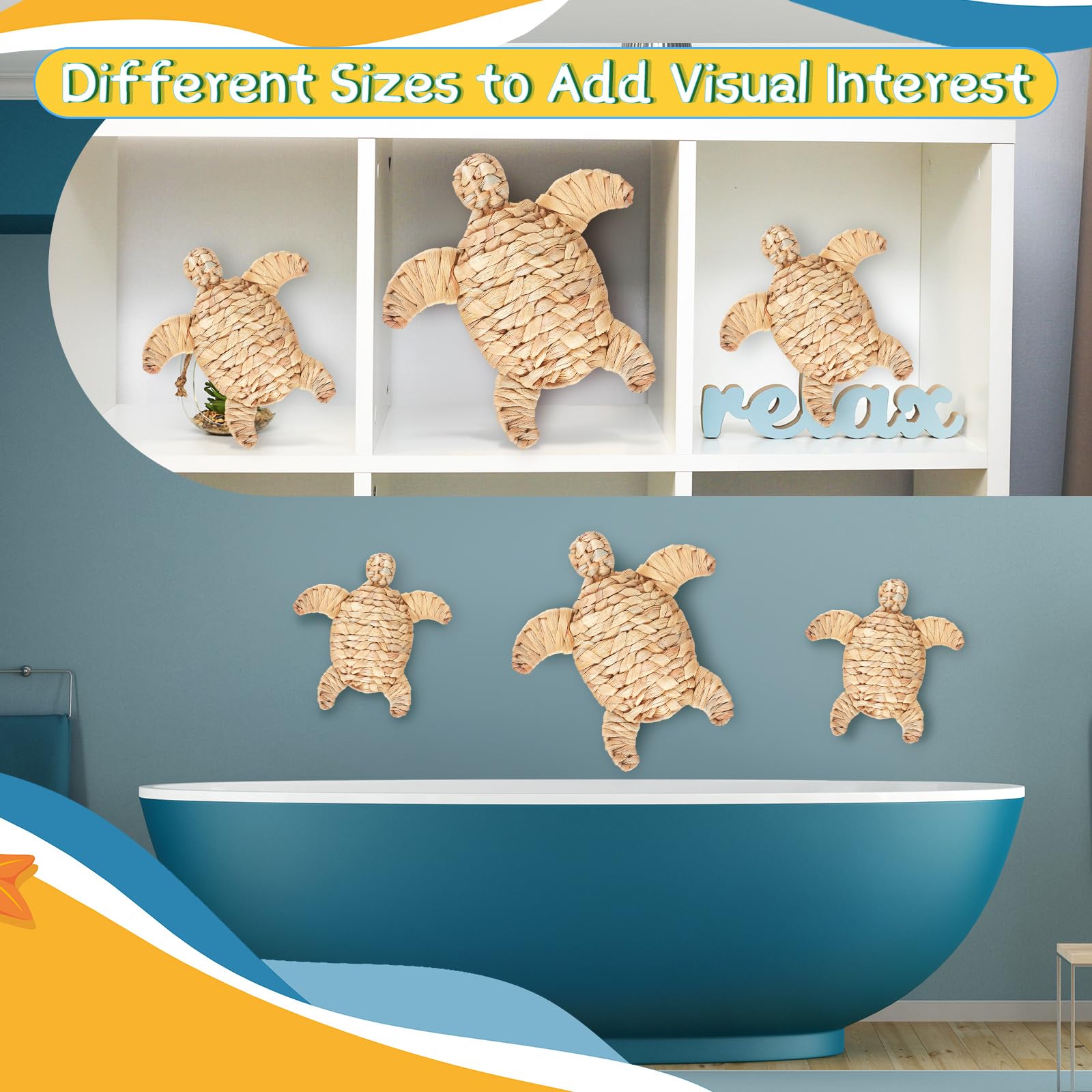 Threehoney 3 Pcs Boho Beach Christmas Decor Handmade Coastal Wicker Sea Turtle Wall Decor Sea Life Hanging Wall Art Nautical Scu