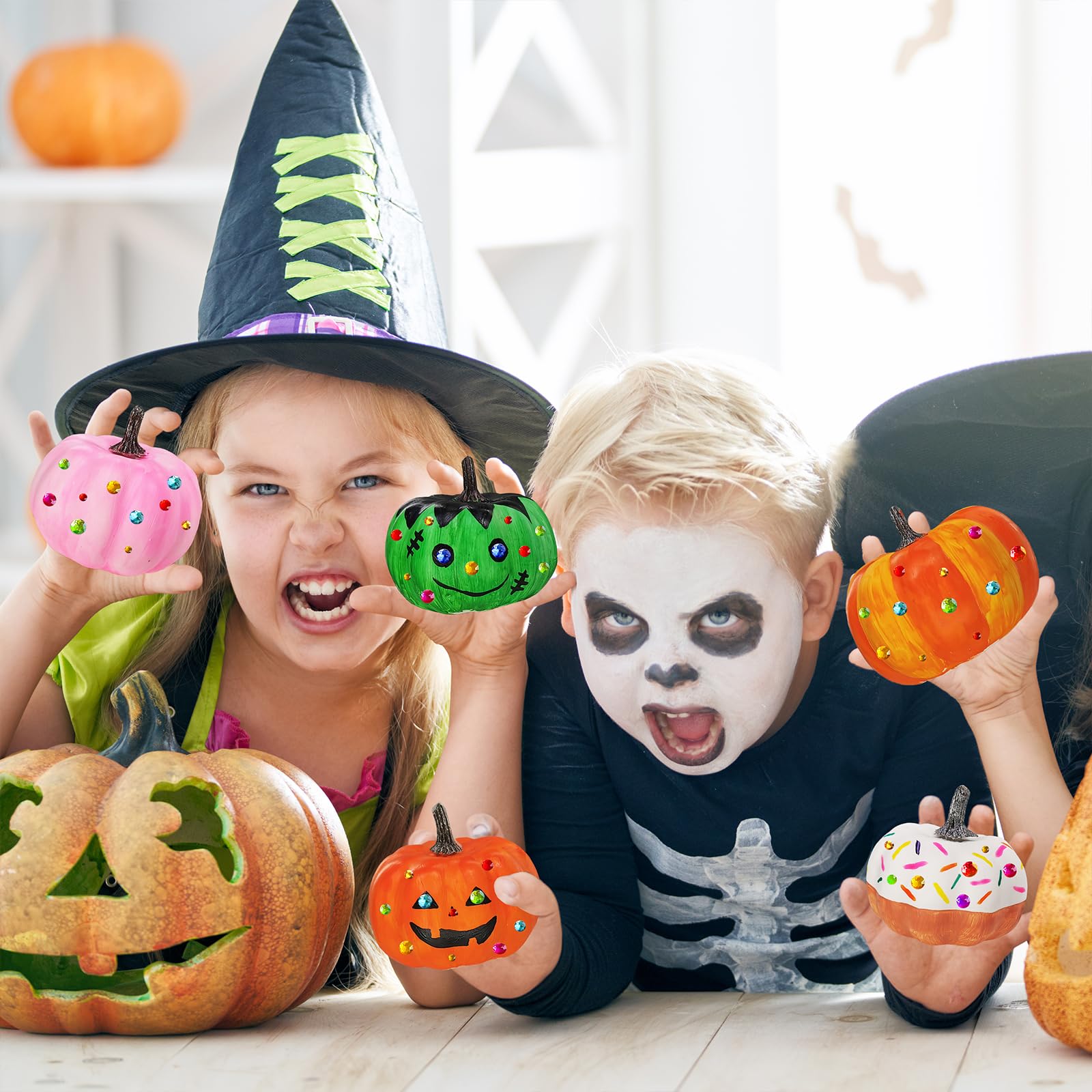 Winlyn 16 Sets 3 DIY Fall Pumpkin Painting Kits Paint Your Own Pumpkins White Foam Craft Pumpkins with Jack-O-Lantern Face Stick
