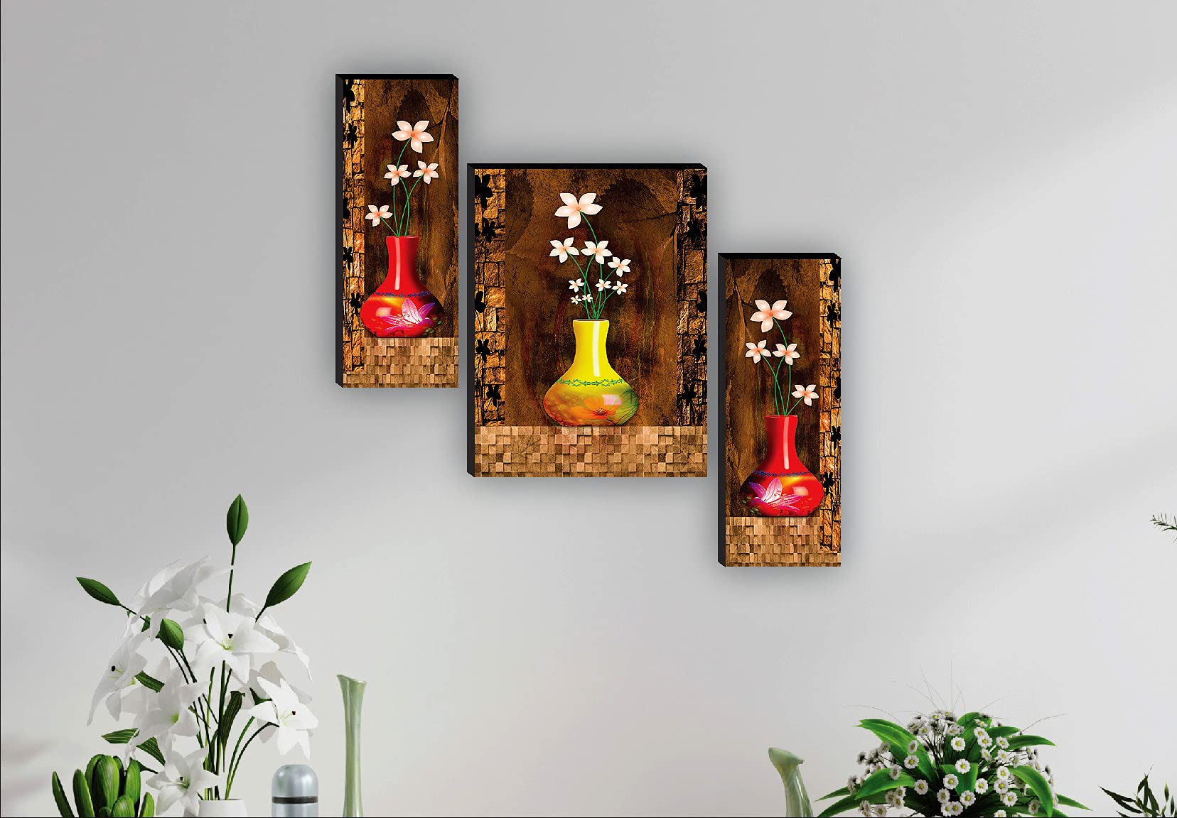 Saf Set Of 3 Preety Flower Pot Uv Textured Self Adeshive Home Decorative Gift Item Painting 18 Inch X 12 Inch Saf-Jm4951(Color2,
