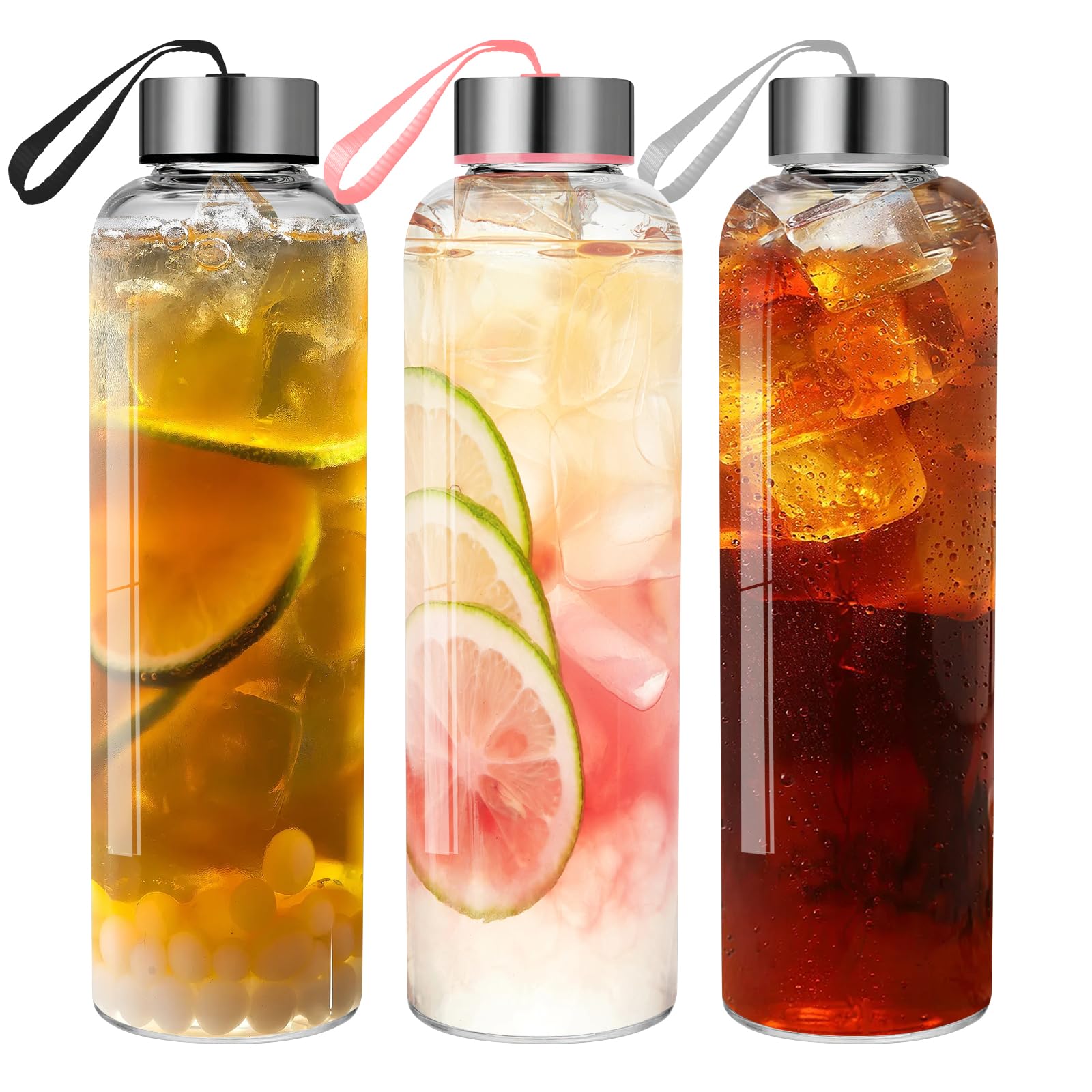 Glass Water Bottles Set of 3, 18 oz, Reusable Water Bottle with Lids, Juice Glass Bottles for Juicing, LeakProof, BPA Free, Cont