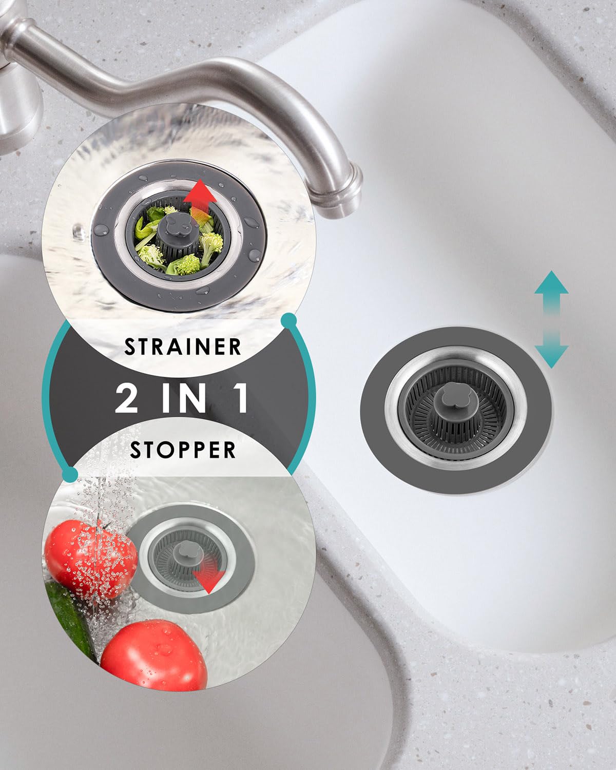 Drifop 3 In 1 Kitchen Sink Stopper And Strainer Combo, Pop Up Stainless Steel Kitchen Drain Strainer, Anti-Clogging Sink Straine