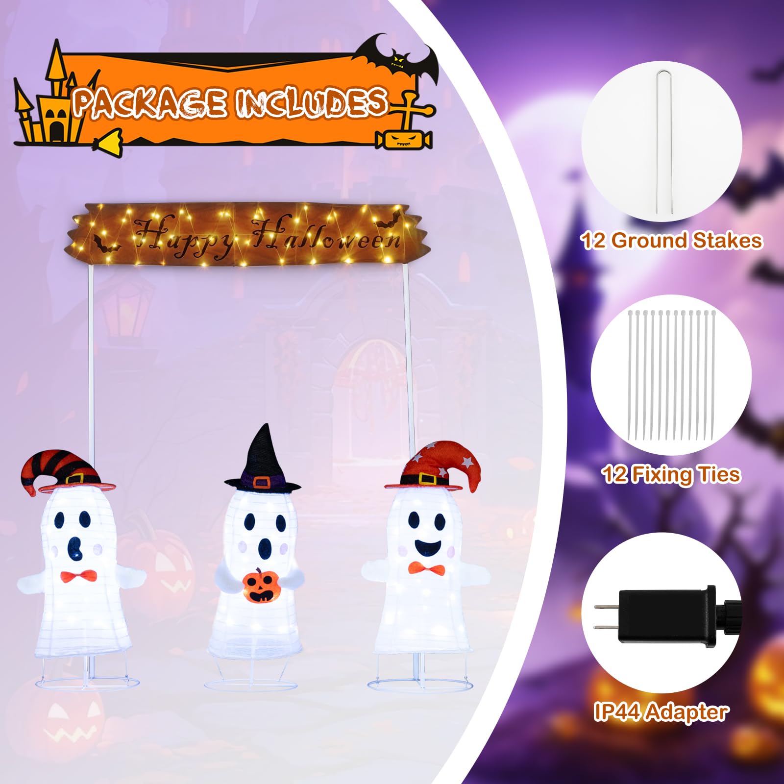 Tangkula Set of 3 Lighted Halloween Decorations Outdoor/Indoor, 3 Pcs Pop up Cute Ghosts Decor with Witch Hat, Spooky Ghost Scar