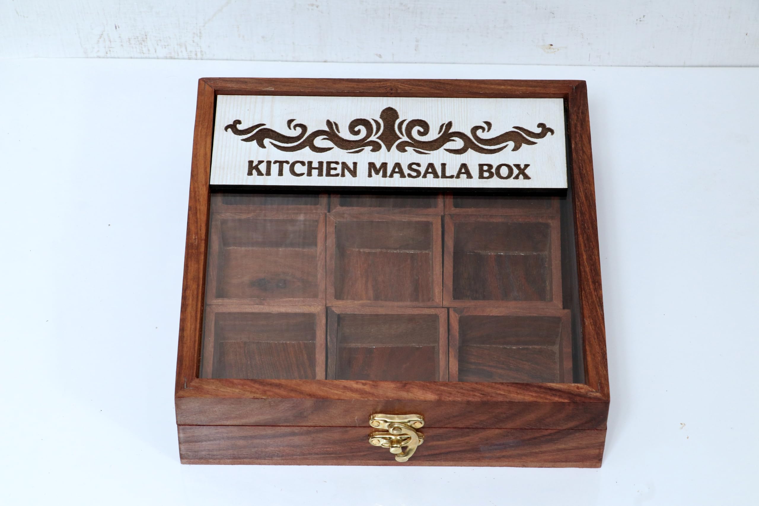 Delux Wood Carver Wooden Masala Box For Kitchen Storage, Spice Container Organizer 9 Conatiners