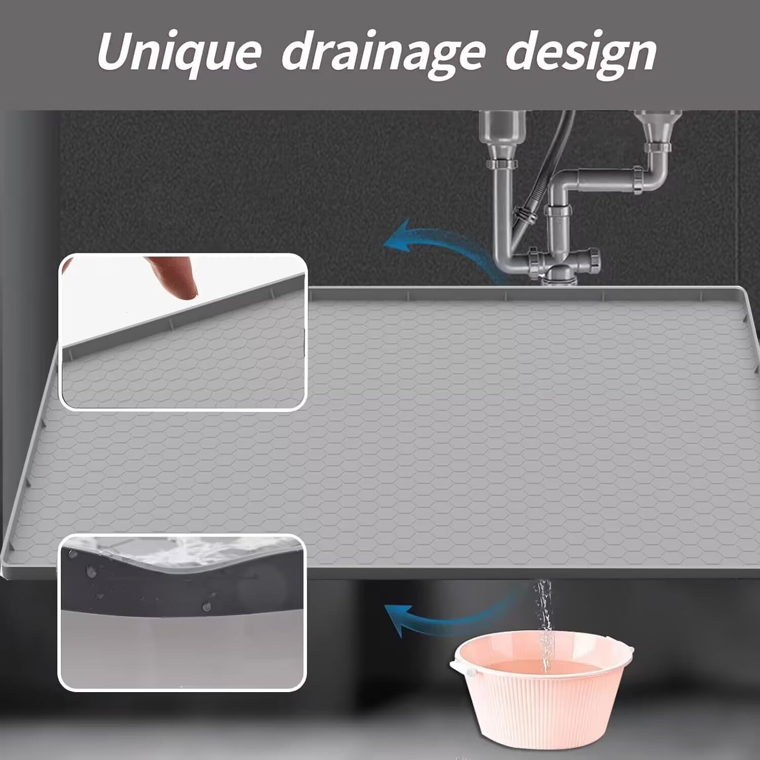 Under Sink Mat For Kitchen Waterproof, 31 X 22 Flexible Silicone Under Sink Liner With Drain Hole, Kitchen Bathroom Cabinet Mat