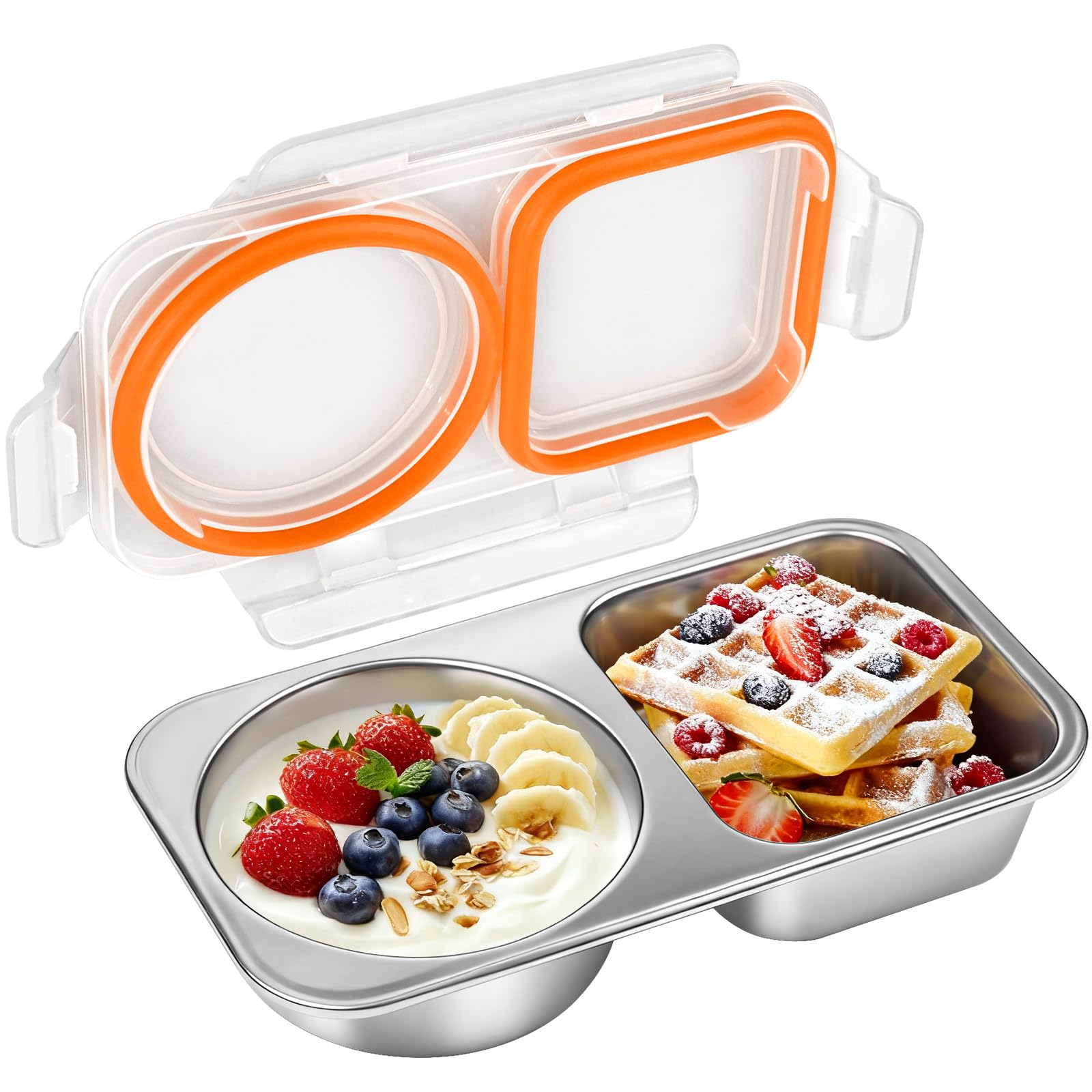 Fruiid Stainless Steel Snack Containers, 6.5Oz 2 Compartment Snackle Box With Lids, Leakproof Reusable Bento Box Metal Lunch Foo