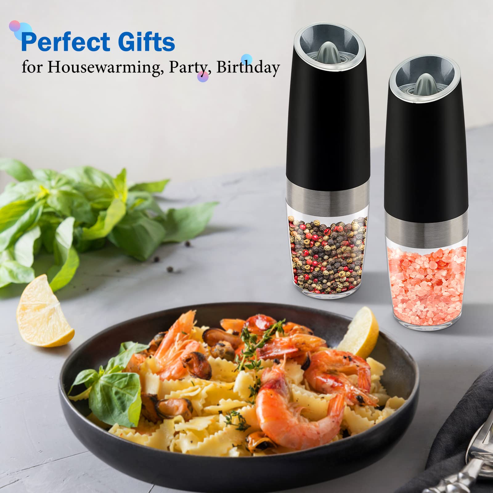 Gravity Electric Salt And Pepper Grinder Set, Battery Powered Led Light One Hand Automatic Operation, Adjustable Coarseness Mill