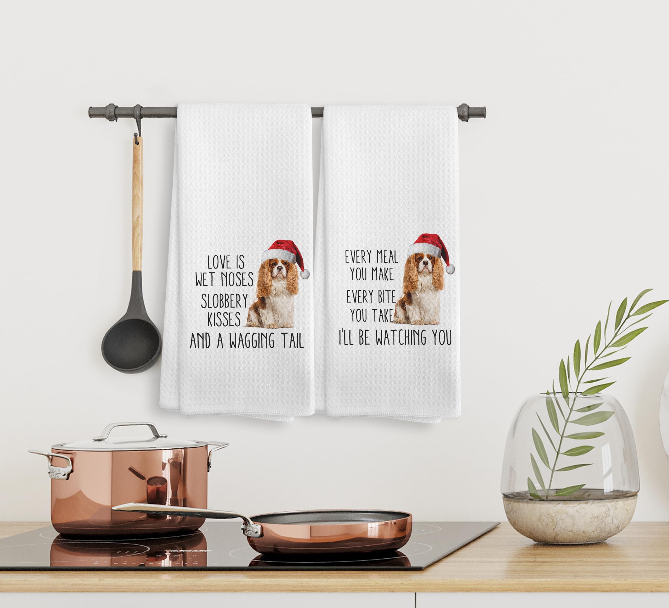 NOQL Christmas Cavalier King Charles Spaniel Dog Kitchen Towels and Dishcloths Set of 2, Christmas Dish Towels, Spaniel Gifts, 1