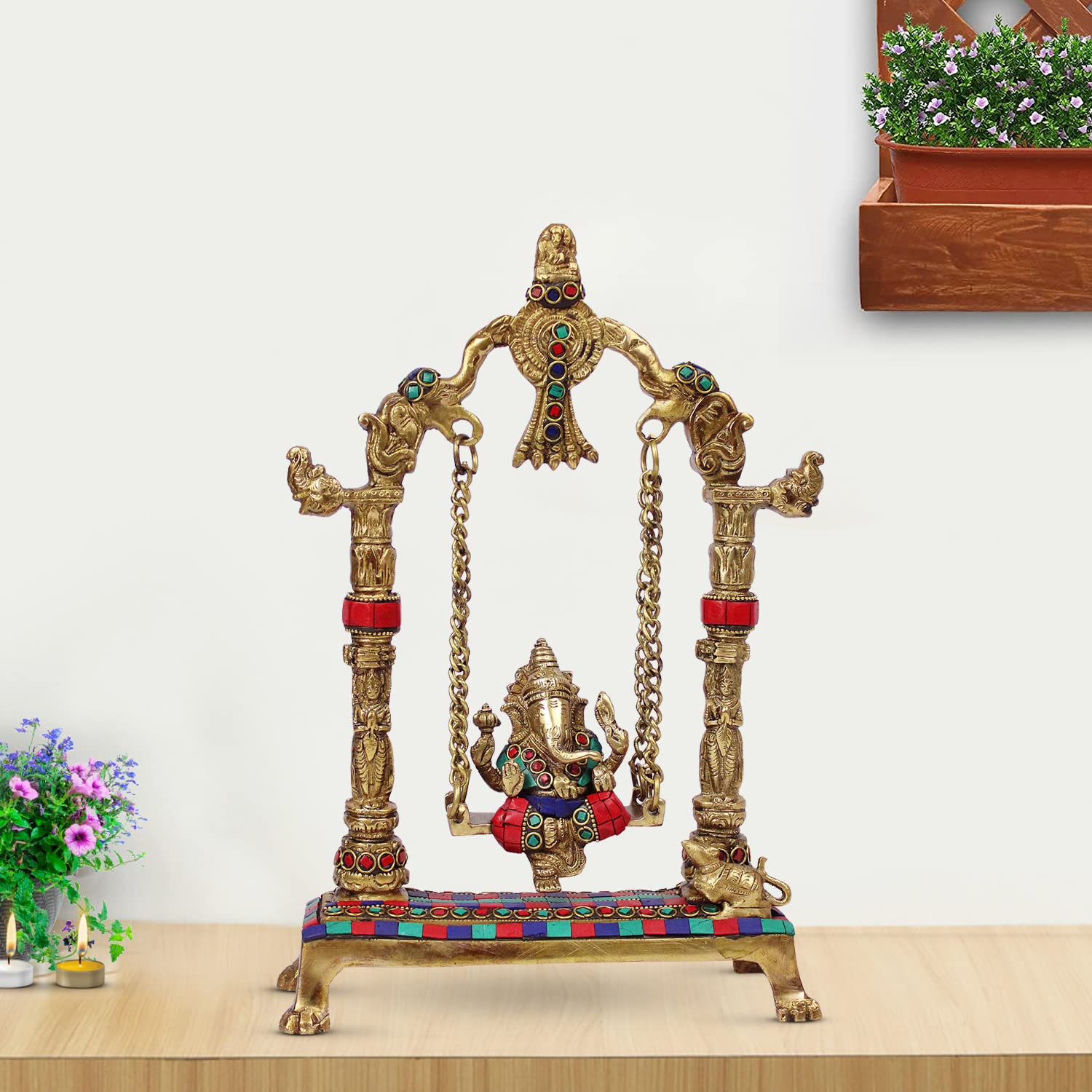 Artvarko Brass Ganesha Swing Ganesh Ganpati On Jhoola Statue Decorate With Color Gemstone Handwork Height 12 Inches