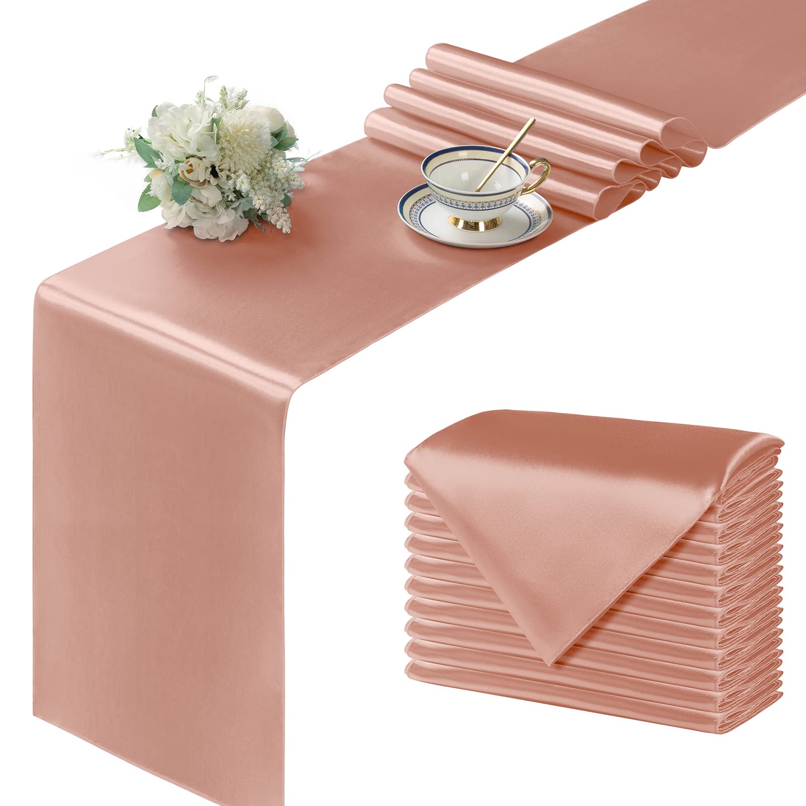 Manyshofu 12Pcs Satin Rose Gold Table Runner - 12 X 72 Inch Long Size, Party Table Runner Decor Bright & Smooth Wedding Decorati