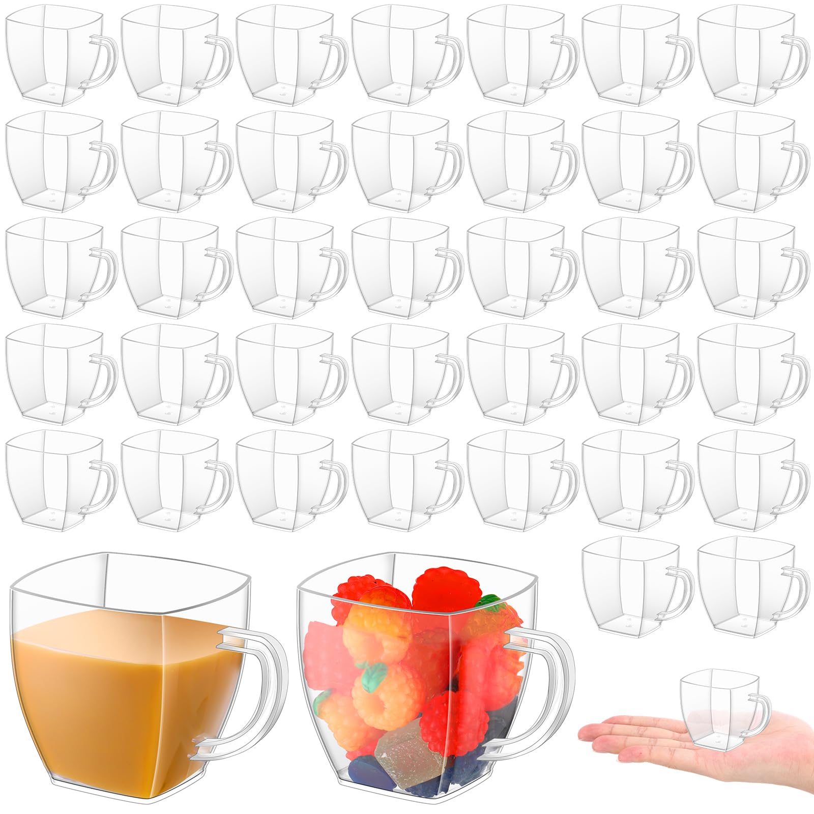 Amyhill 100 Pcs 2 Oz Disposable Tea Cups Mini Plastic Tea Cup Bulk With Handle Hard Plastic Coffee Mug Disposable Square Espress