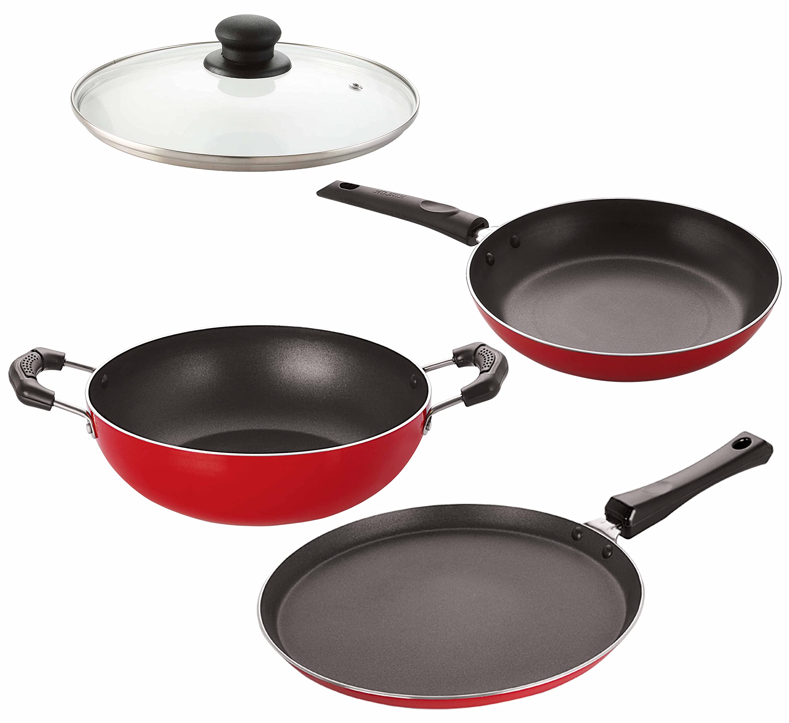 Nirlon Rust Free NonStick Aluminium Kitchen Cooking Essential Combo Gift Set4 Pieces (Flat Tawa|Tapper Pan|Kadhai|1 Glass Lid)