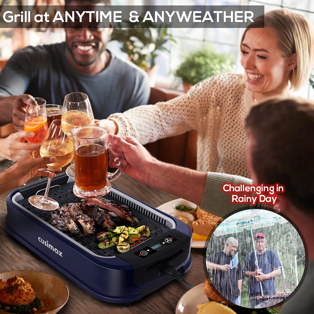 Indoor Grill Electric Grill CUSIMAX Smokeless Grill Portable Korean BBQ Grill with Turbo Smoke Extractor Technology  Non-stick Removable Grill Plate  Tempered Glass Lid  Great for Party(Single Plate)