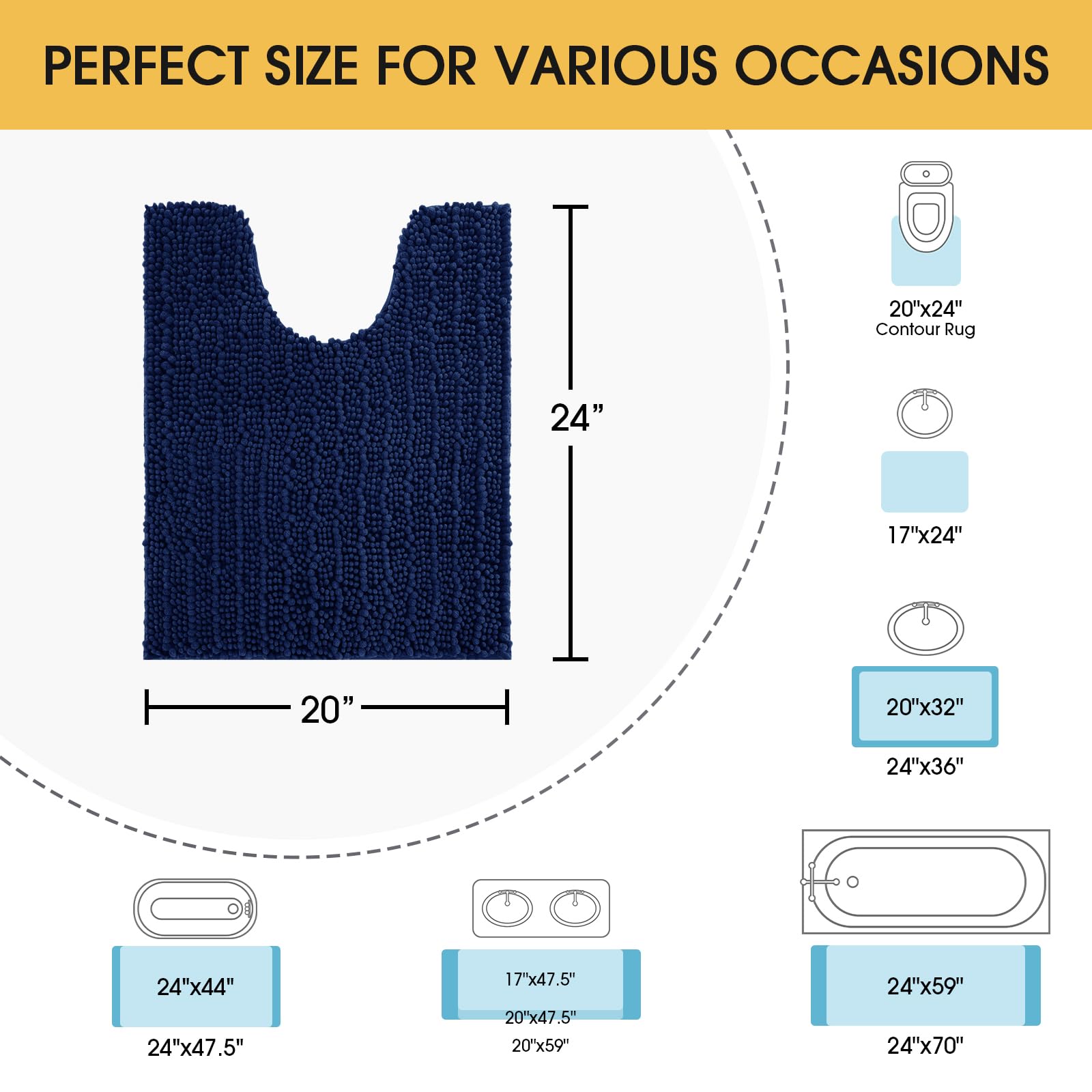 Accumtek Upgrade Luxury Navy Blue Toilet Bathroom Rug Mat 24'' X 20'' Contour Rug, Ultra Soft Thick Absorbent Bath Mats, Non Sli