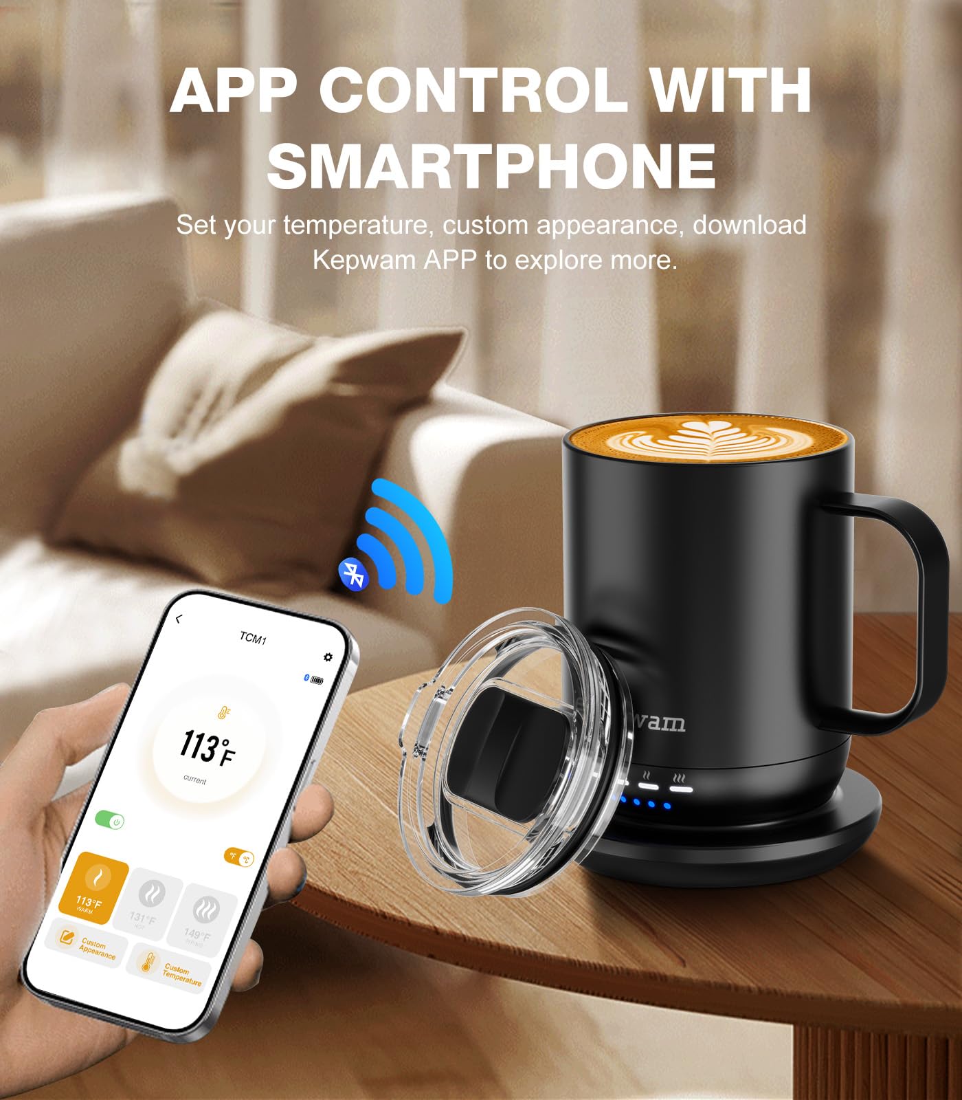 Kepwam Self Heating Coffee Mug 16Oz, Smart Temperature Control Coffee Mug, Hot Up To 149? With 180 Min Battery Life - Touch & Ap