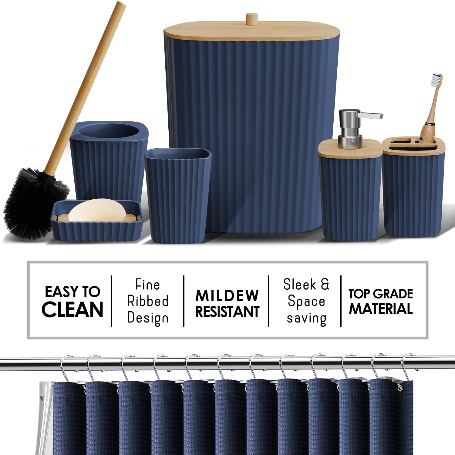 Clara Clark Bathroom Accessories Set - Navy Bathroom Set, Bathroom Sets With Shower Curtain And Rugs, 22Pc Shower Curtain Set Wi