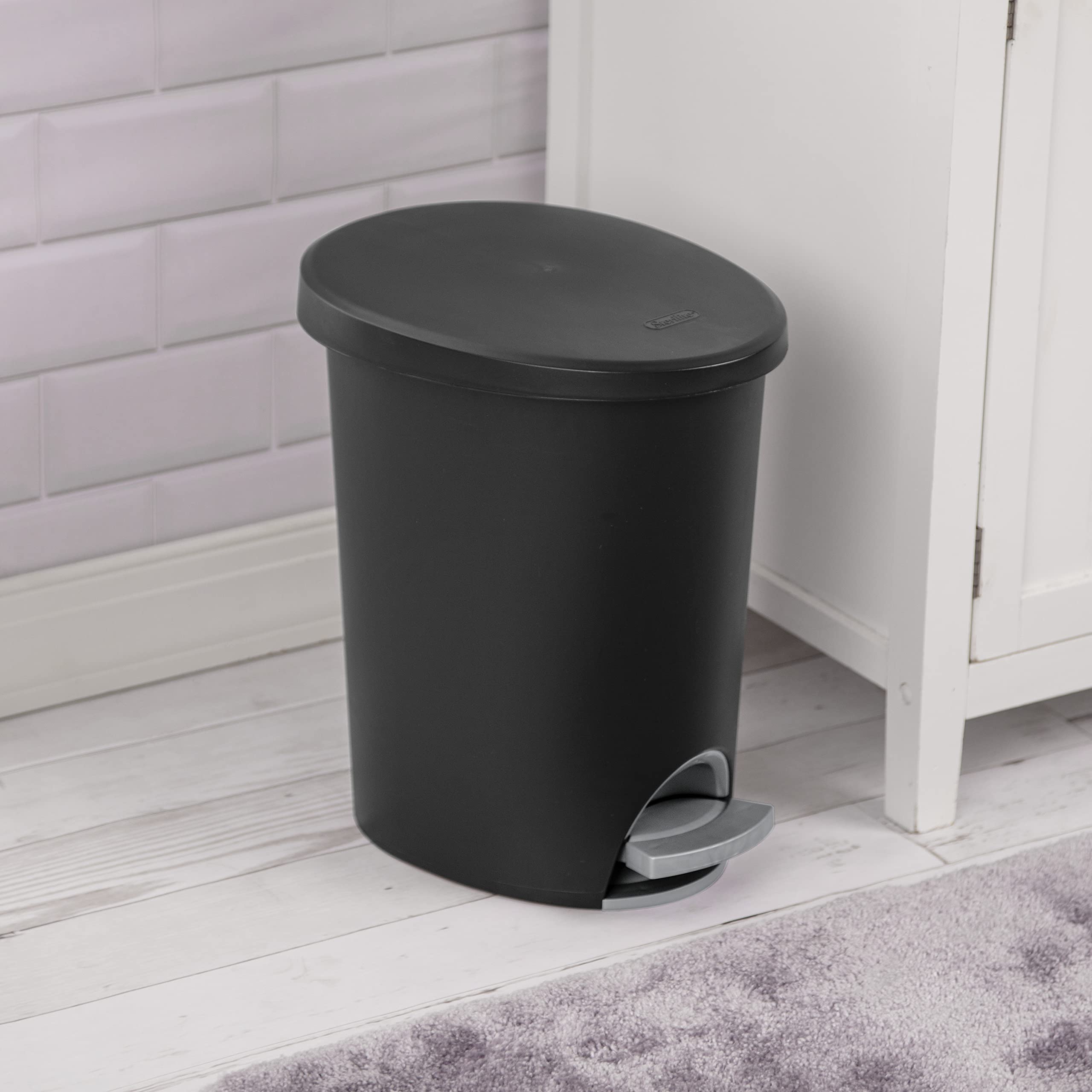 Sterilite 2.6 Gallon Ultra Stepon Wastebasket W/ Lid, Small Plastic Trash Can For The Bathroom, Bedroom, Or Dorm, Pedal And Line