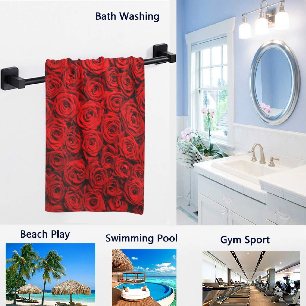 Naanle 3D Beautiufl Natural Red Roses Print Valentine'S Day Soft Guest Hand Towel For Bathroom, Hotel, Gym And Spa (16 X 30 Inch