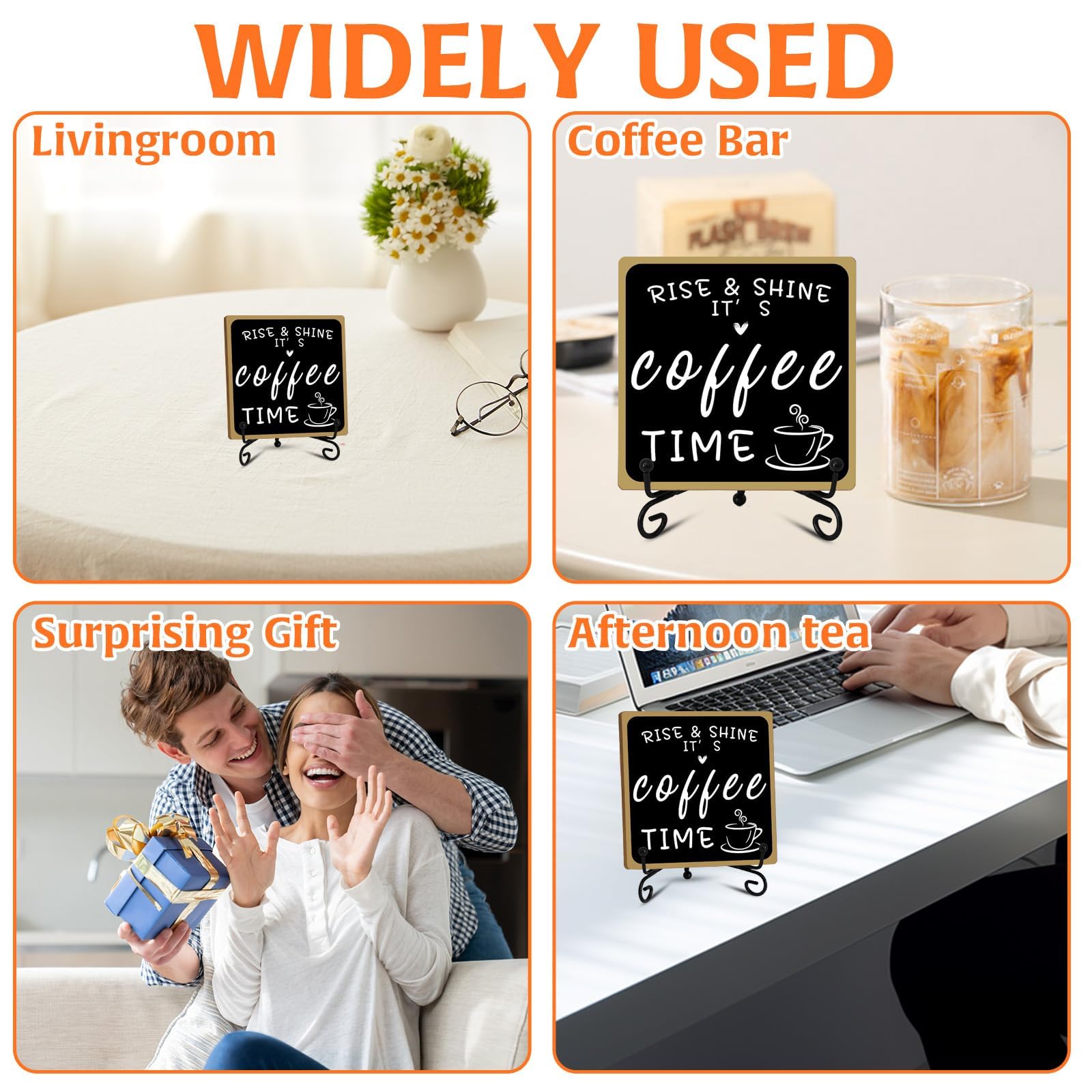 2Pcs Coffee Bar Sign Decorations, Black and White Coffee Sign Decor with Iron Stand Wooden Coffee Bar Decor Tabletop Shelf Acces