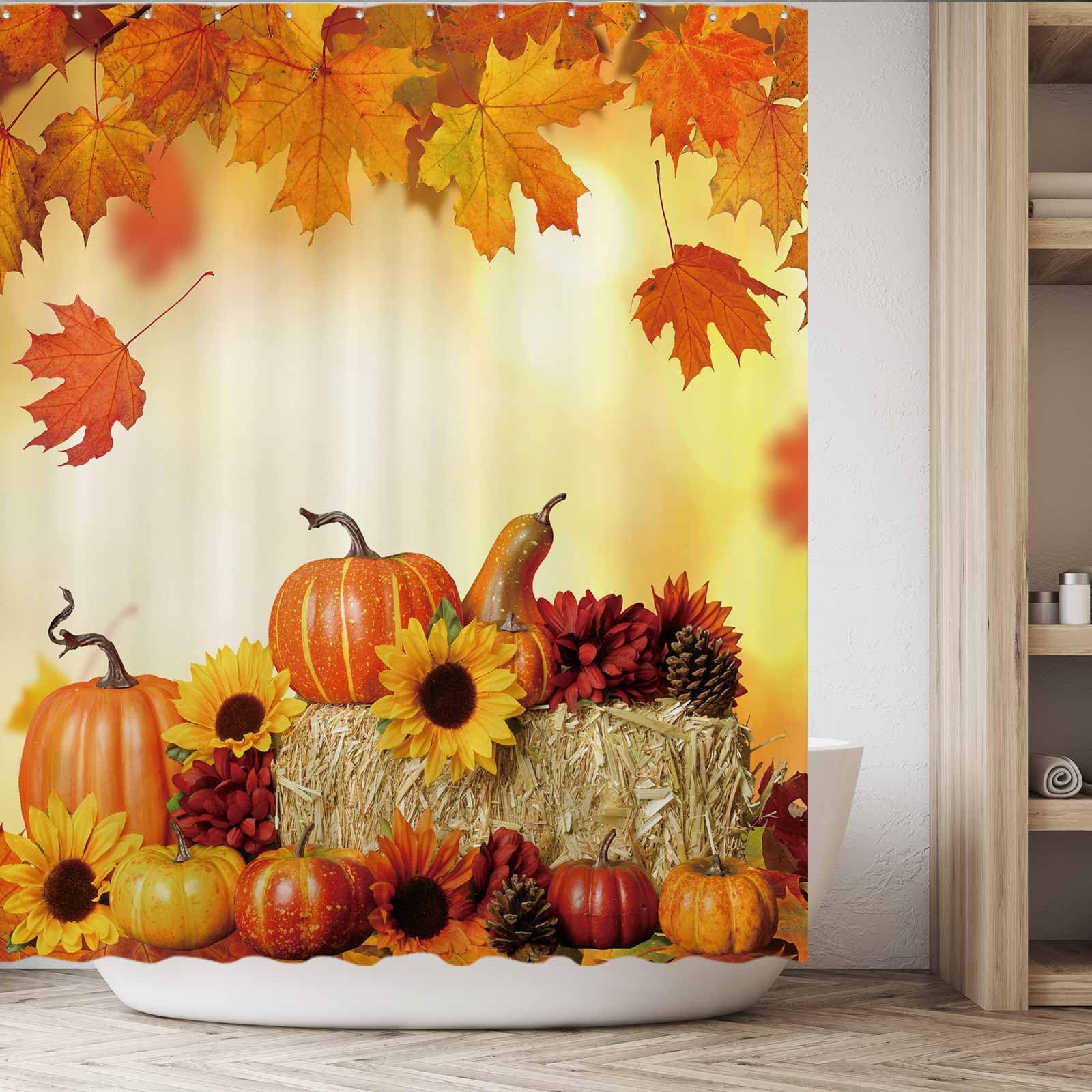 Funnytree Fall Pumpkins Shower Curtain 72"x72" Orange Autumn Decor Machine Washable