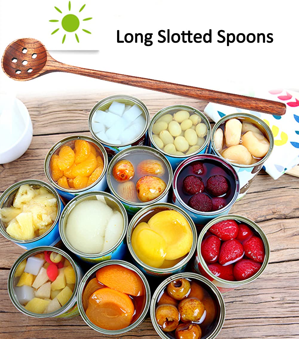 1 Pc Korean Style 10.9'' Long Handle Wooden Round Slotted Spoons For Jam Olive