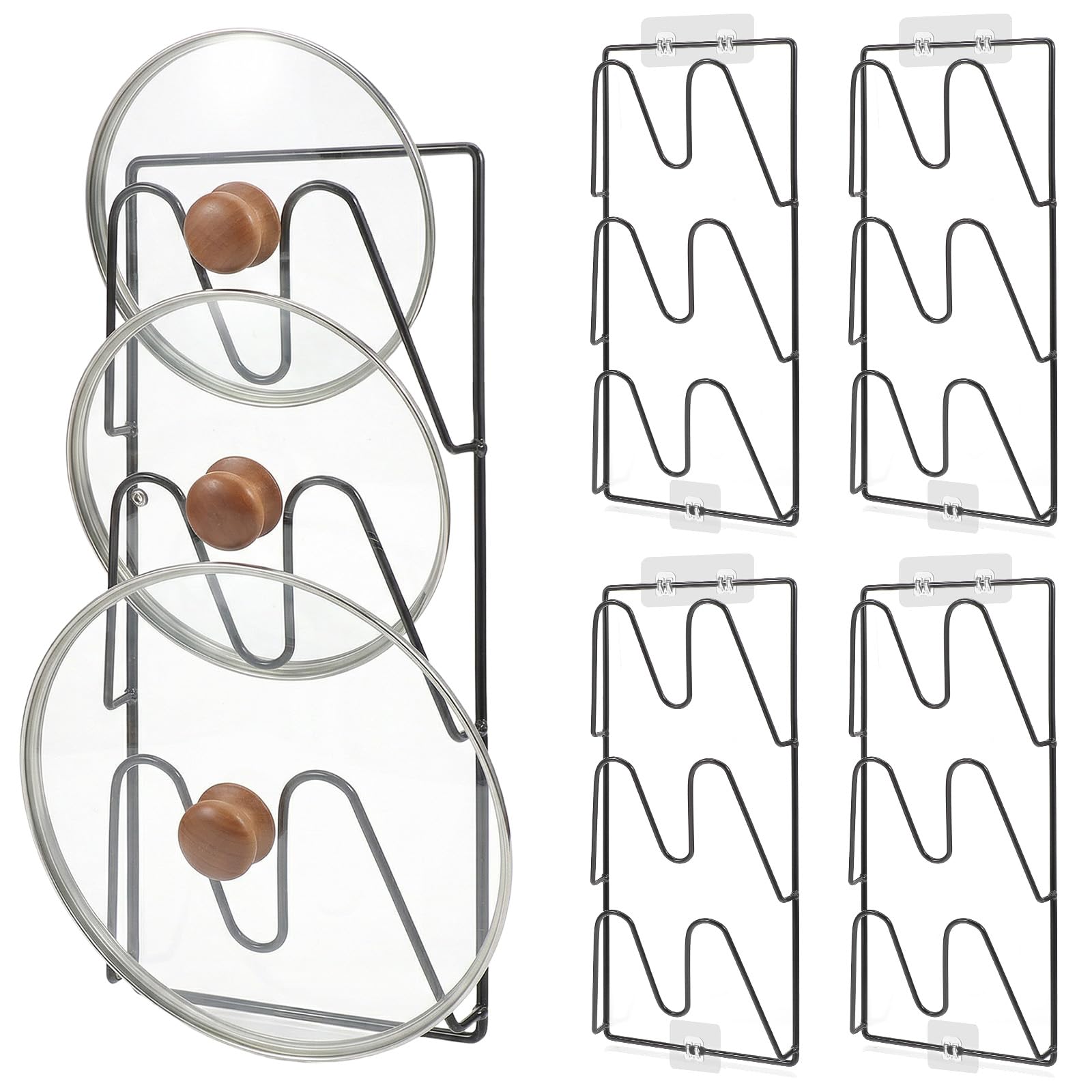 Xaajooio 4 Pcs Pot Lid Organizer Rack, 12Tier Adhesive Mount No Drilling Lid Holder for Cabinet Door and Wall, Rustproof Black 