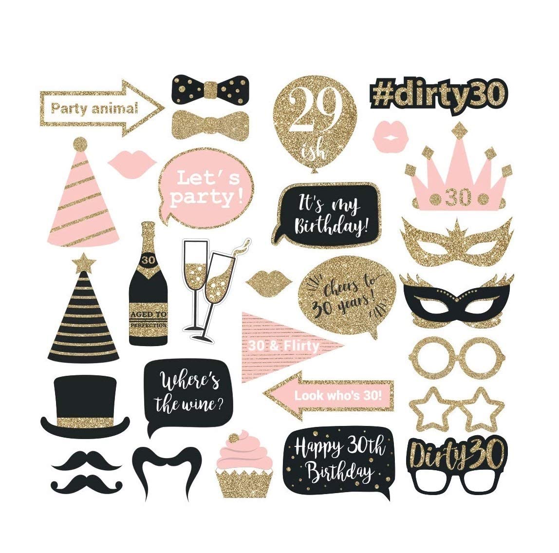 Festiko 30 Pcs 30th Birthday Photo Booth Props, 30th Birthday Decorations