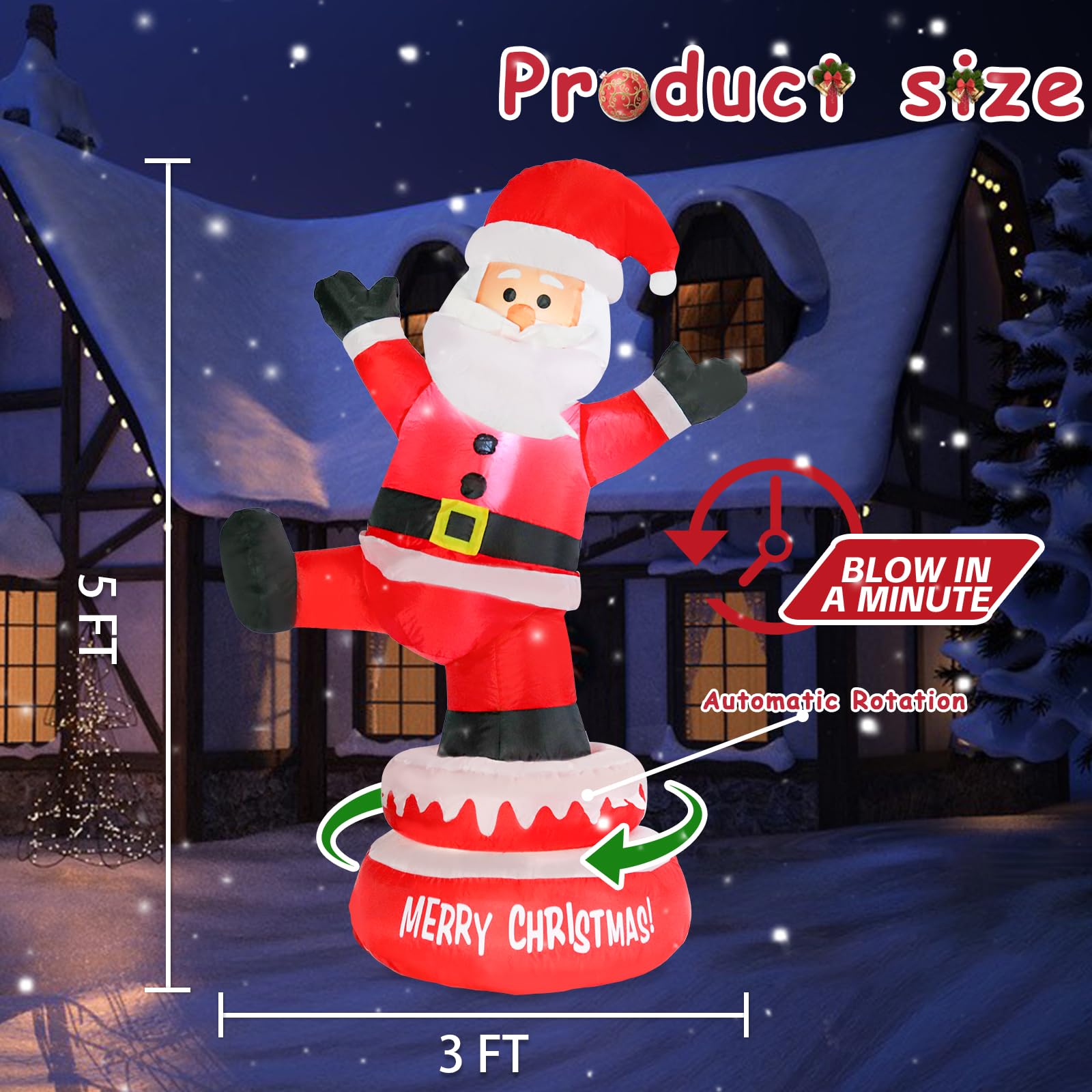 WONDER GARDEN 5FT Rotating Santa Inflatable, Outdoor Santa Claus Decorations, Automatic Rotation Led Lighted Santa Christmas Inf