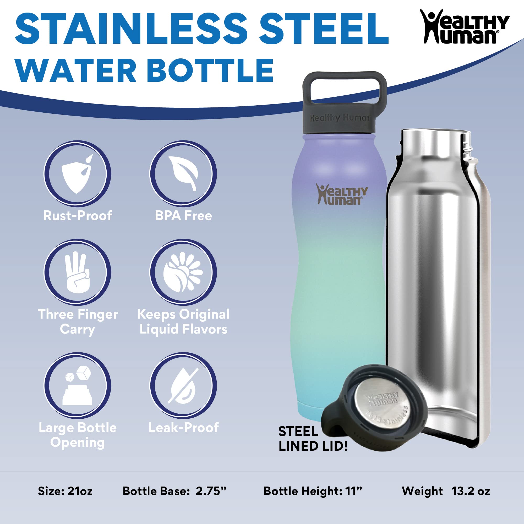 Healthy Human Stainless Steel Curve Water Bottle | 100% Bpa Free Thermos For Kids & Adults | Vacuum Insulated Water Bottles | Me
