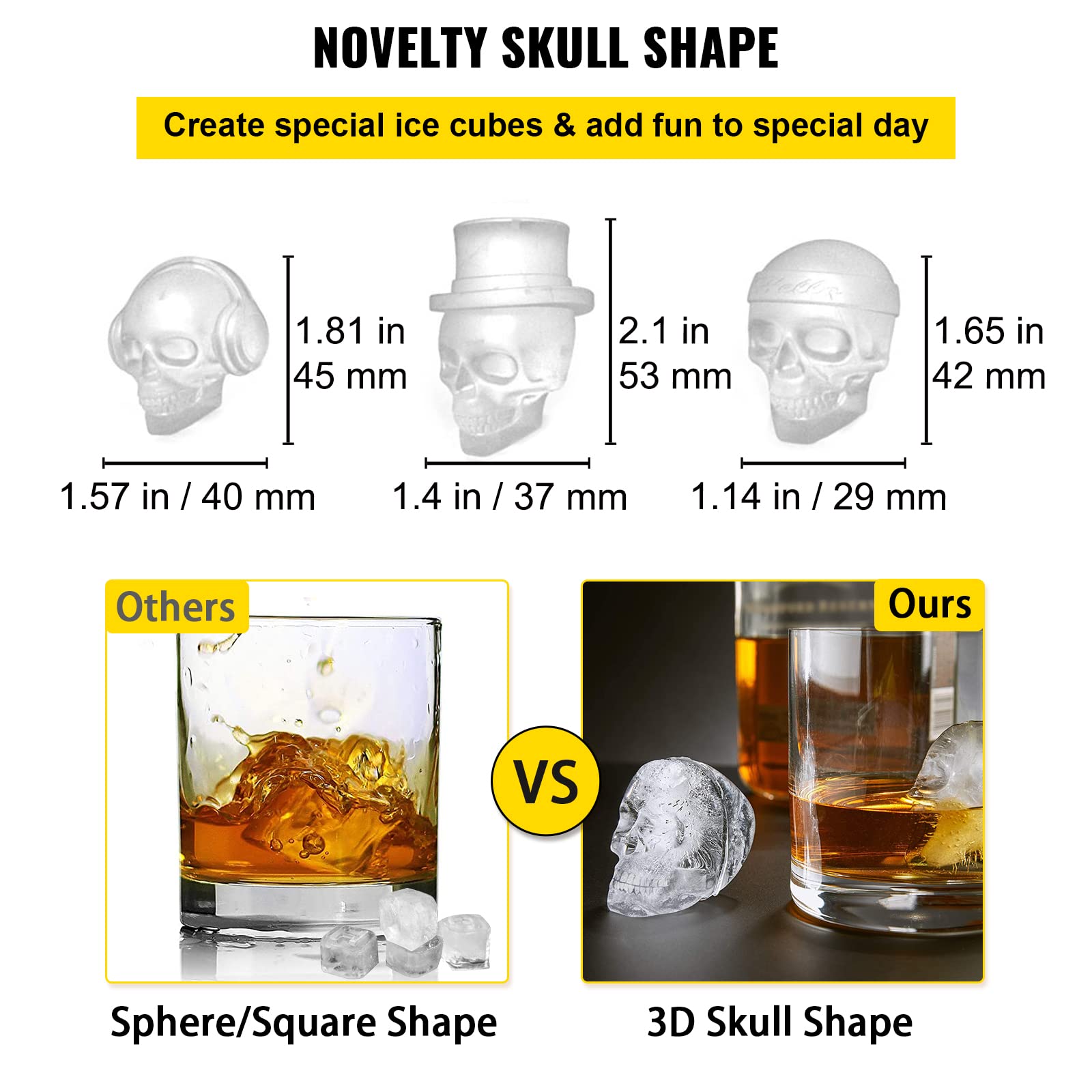 Vevor Skull Ice Cube Tray, 6-Grid Skull Ice Ball Maker, Flexible Black Silicone Ice Tray With Lid & Funnel, Skull Ice Cubes In 3