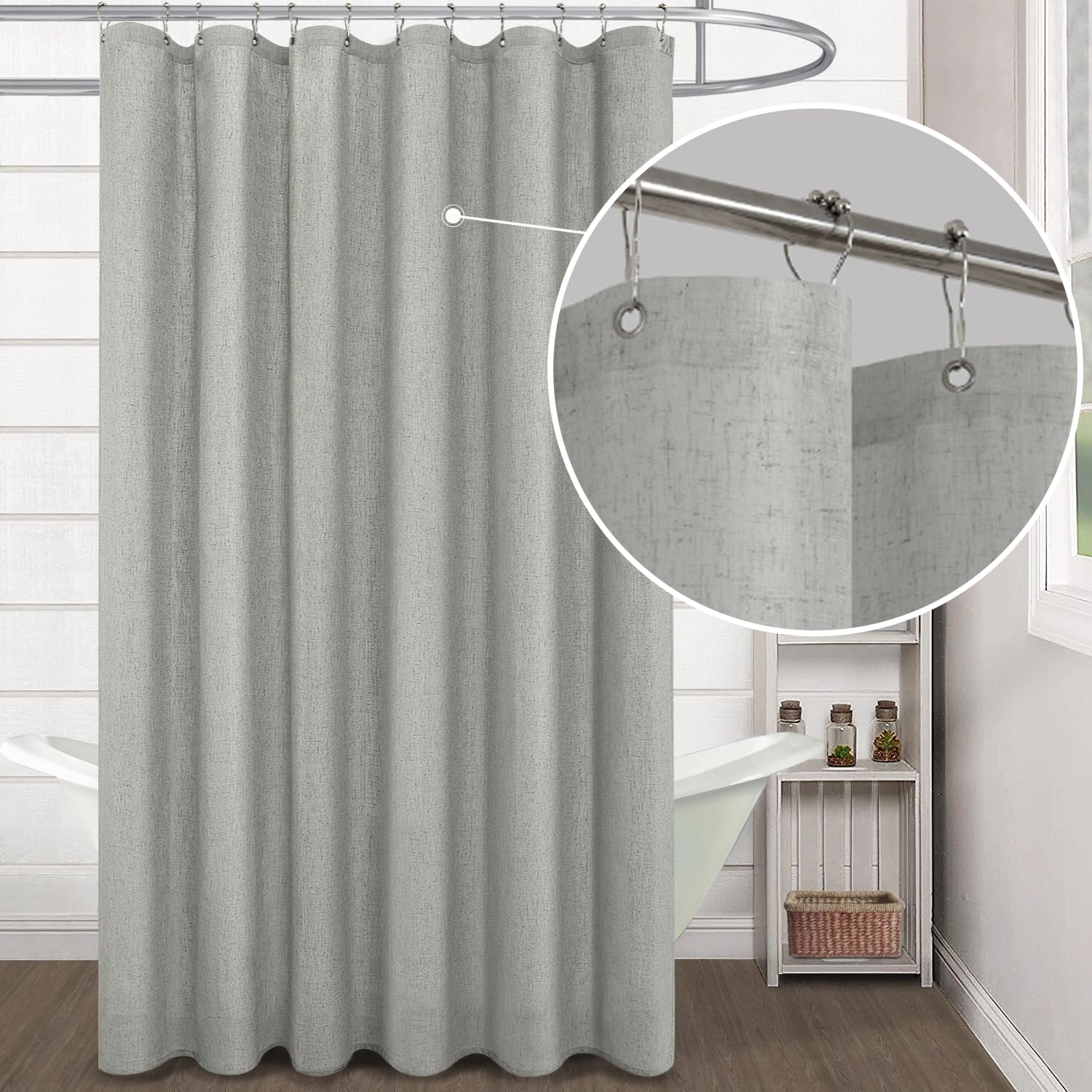 Koufall Tall Mens Shower Curtain Grey,Waterproof Linen Fabric Liner Set With Hooks,Farmhouse Boho Modern Shower Curtains For Bat