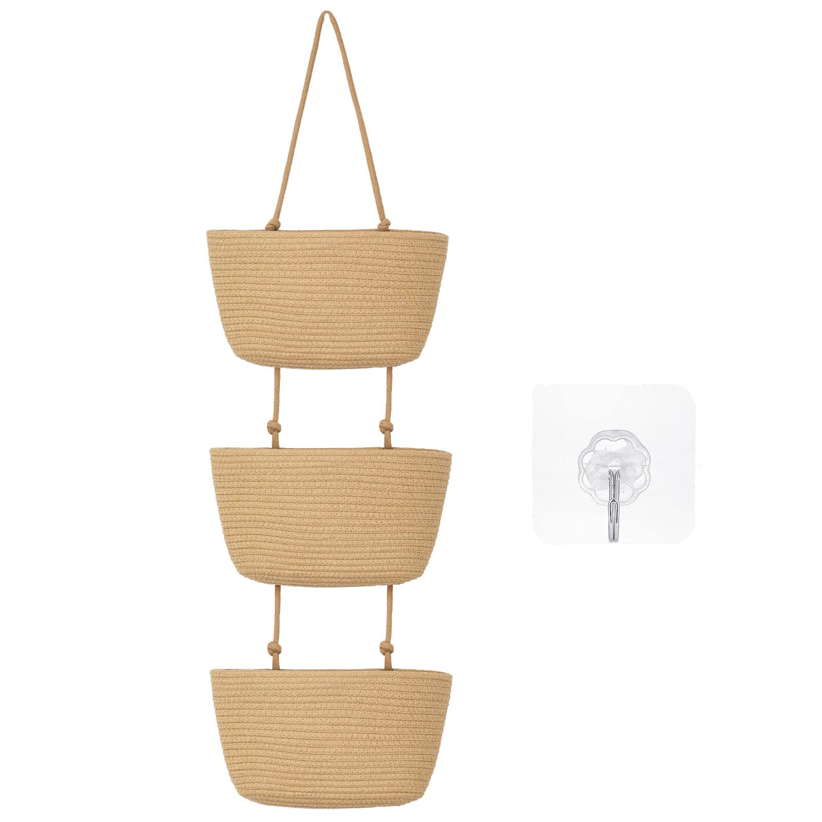 Xuhal 3 Tier Wall Basket Over The Door Organizer Boho Wall Decorative Woven Hanging Storage Basket Cotton Rope Wall Mounted Bask