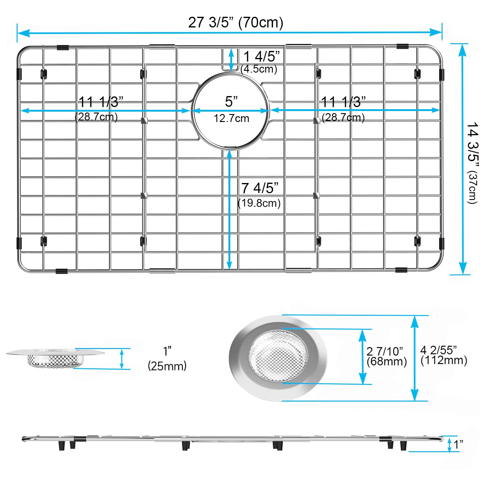 Ipegtop Sink Bottom Grid, Stainless Steel Sink Protector 27-9/16'' X 14-9/16'' Rear Drain Hole With Corner Radius, Sink Grate Si