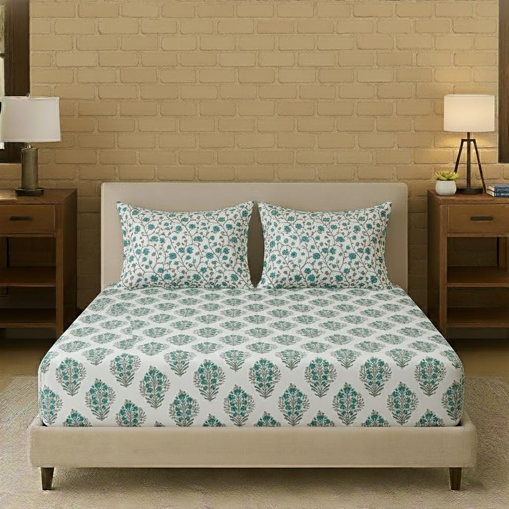 Trance Home Linen 100% Cotton 84X72 Elastic Fitted Bedsheet Cal.King Bed Size | Printed Fitted Sheet | Elasticated Fitted Beds
